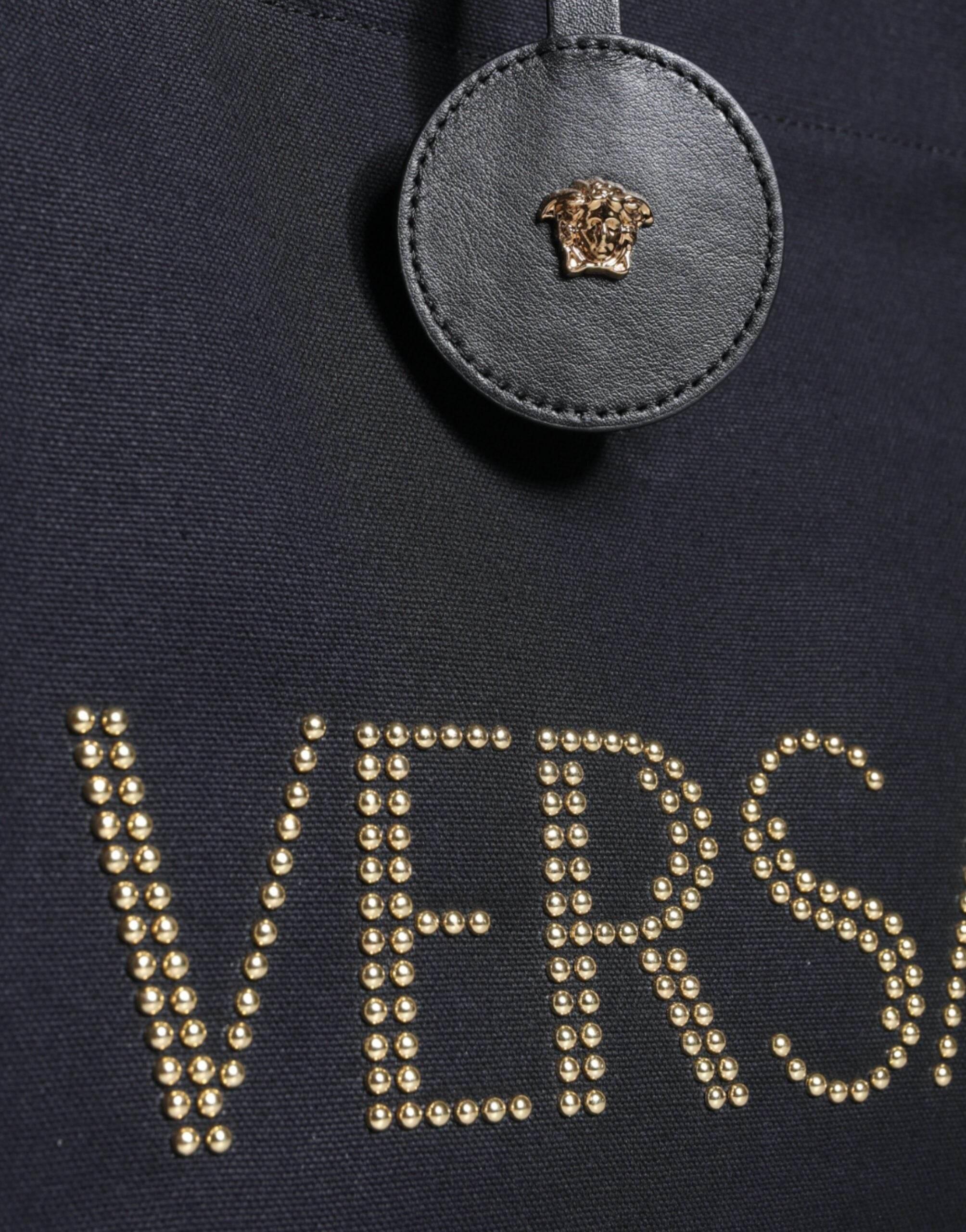 Versace Black Top Handle Canvas Leather Logo Crossbody Tote Bag - Hilstor