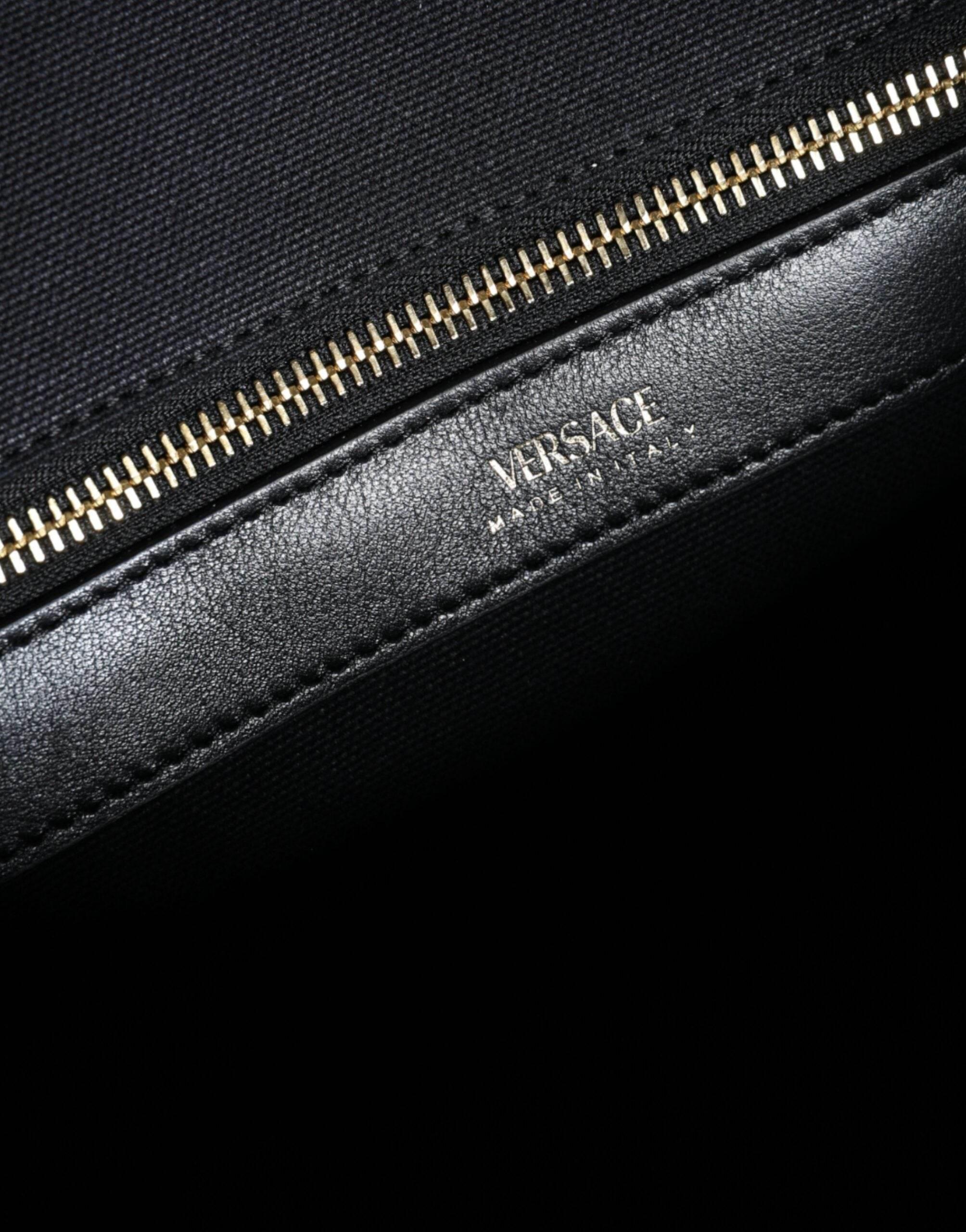Versace Black Top Handle Canvas Leather Logo Crossbody Tote Bag - Hilstor
