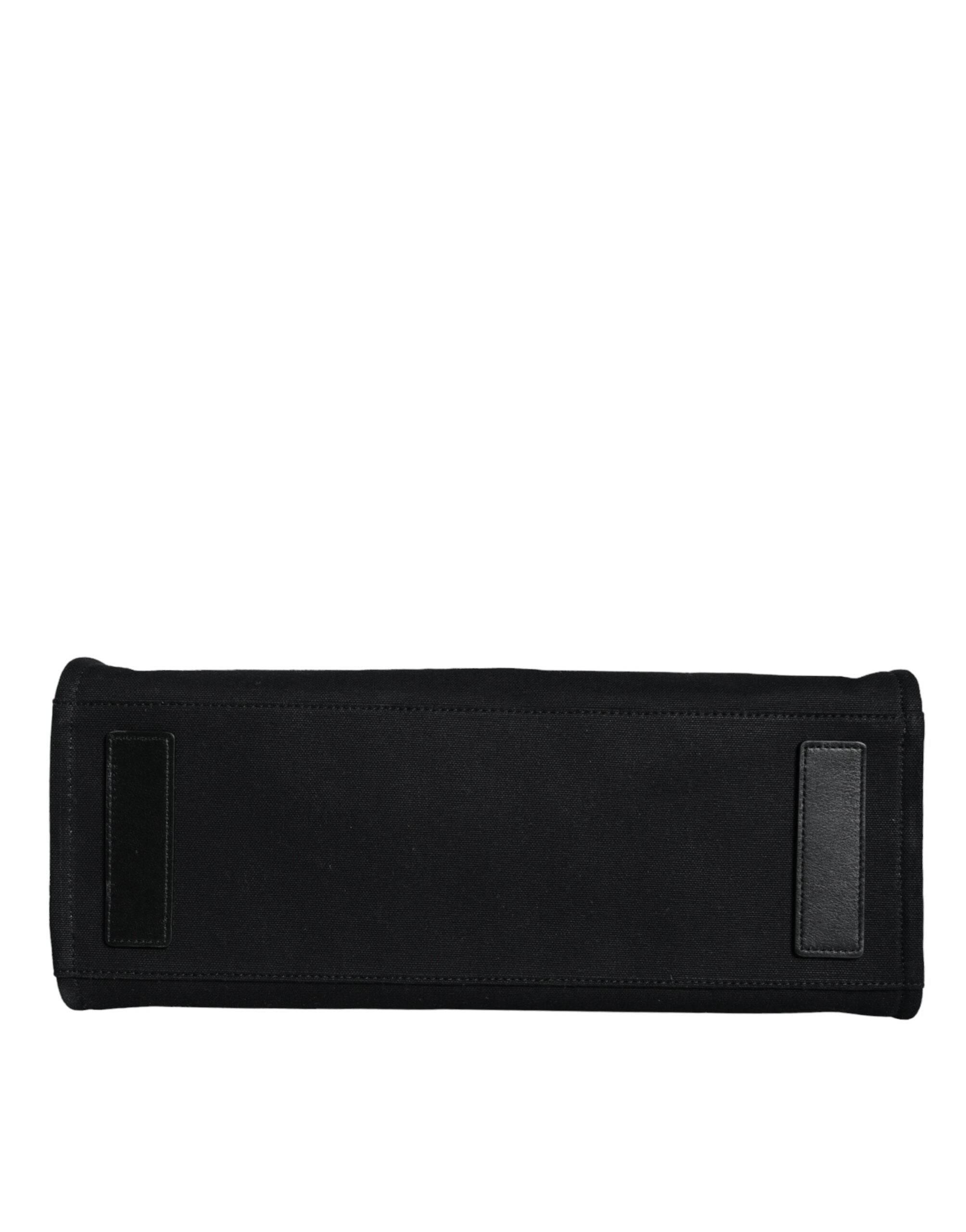 Versace Black Top Handle Canvas Leather Logo Crossbody Tote Bag - Hilstor