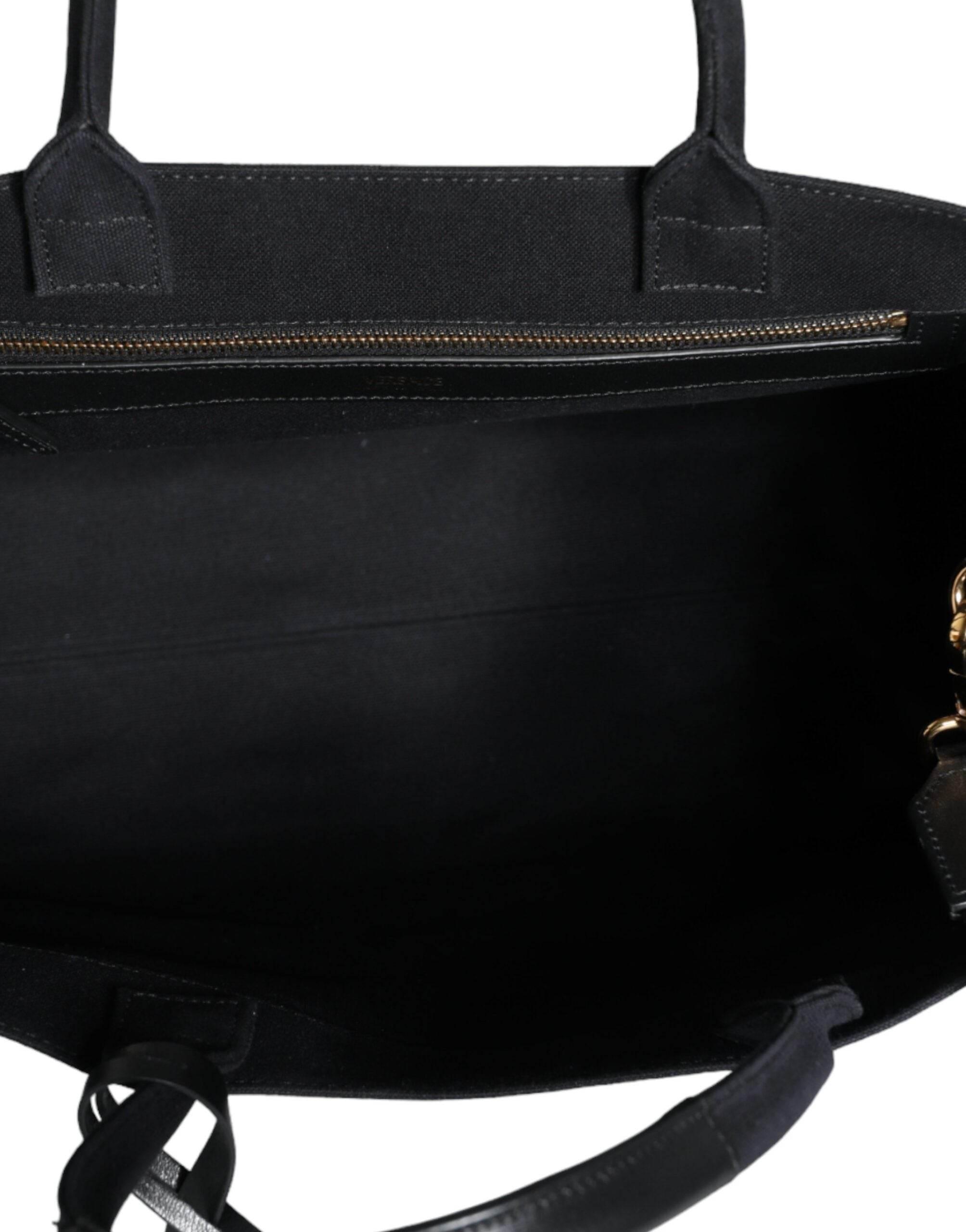 Versace Black Top Handle Canvas Leather Logo Crossbody Tote Bag - Hilstor