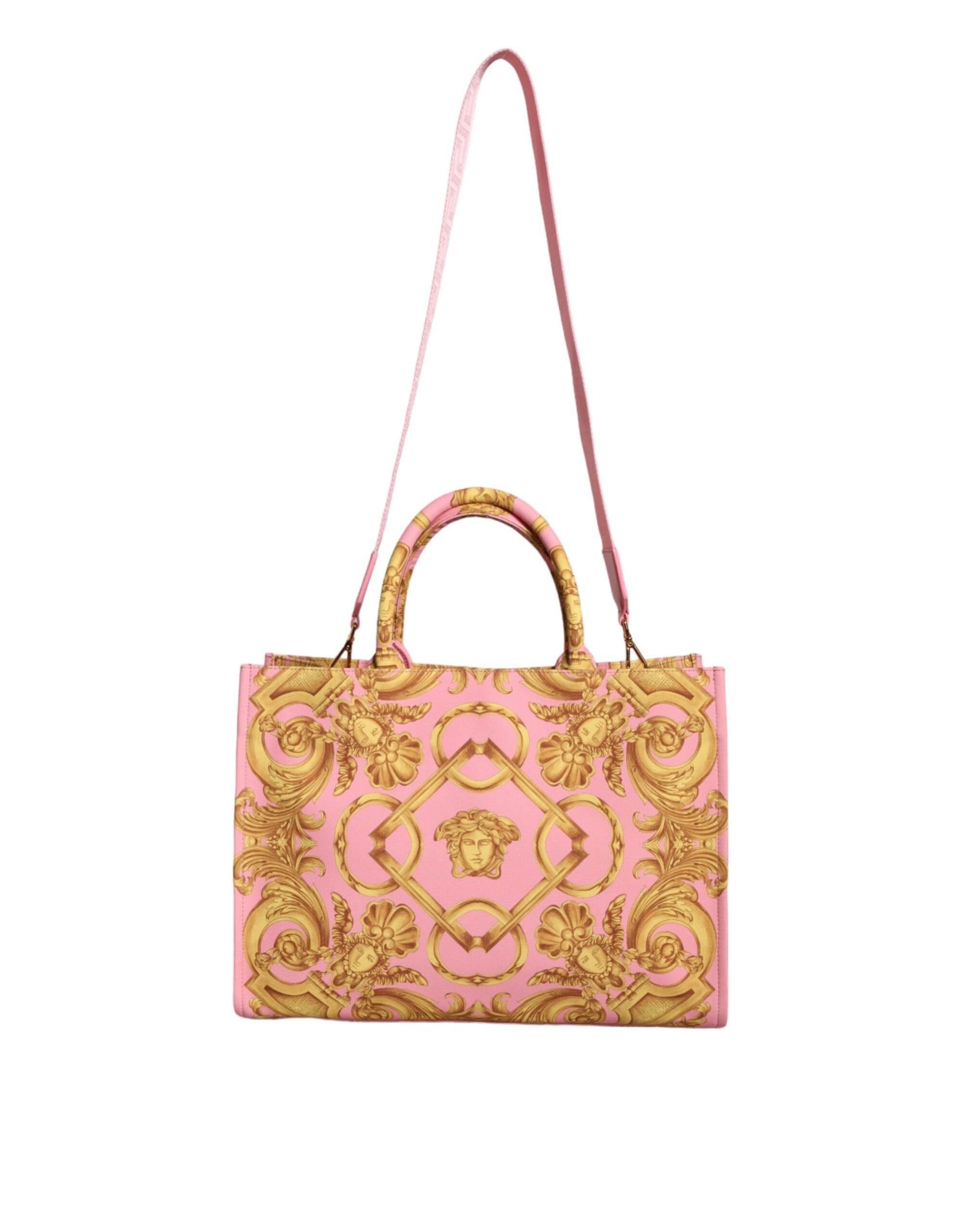 Versace Pink Printed Large Fabric Leather Shopping Tote Bag - Hilstor