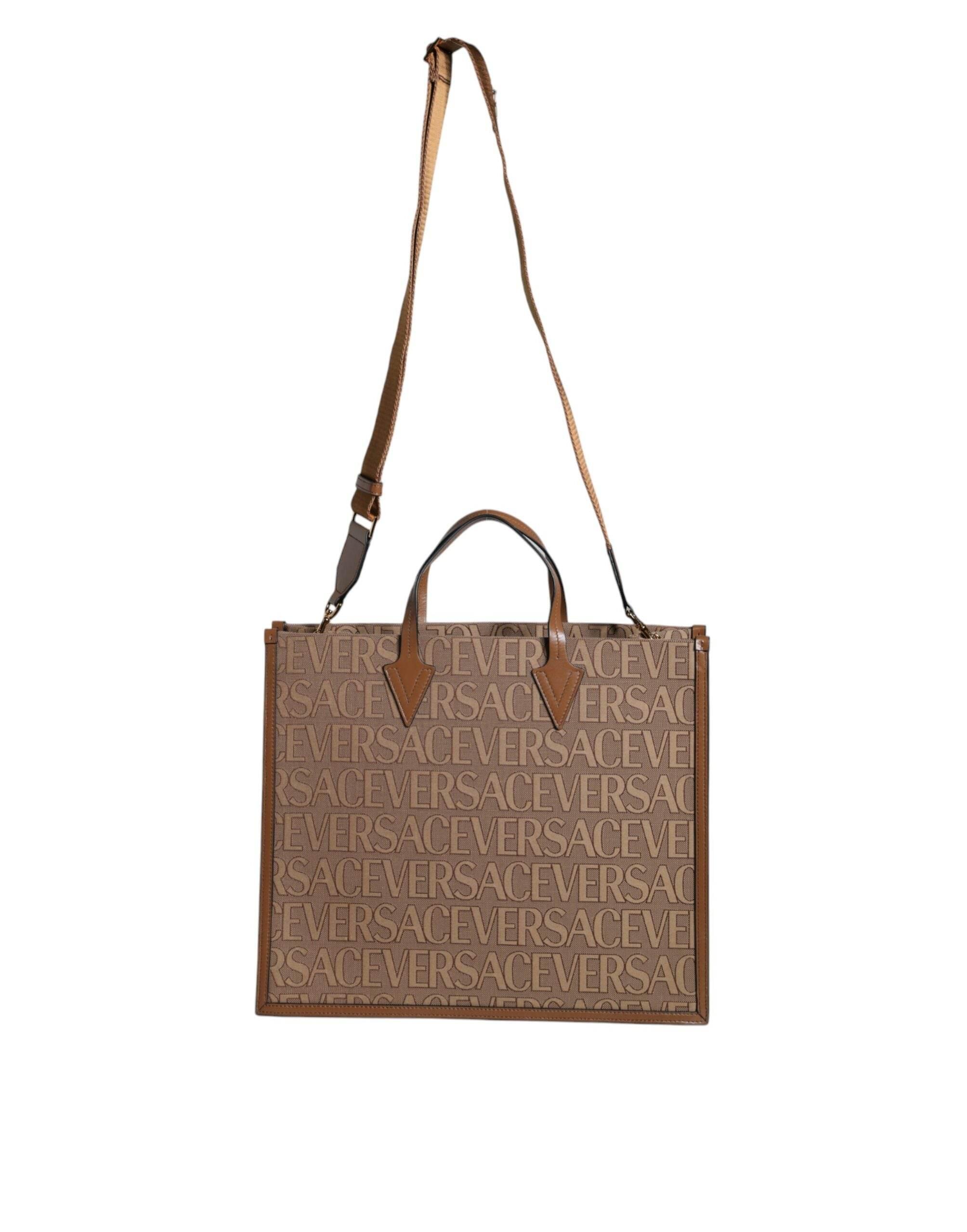 Versace Brown Top Handle Jacquard Leather Logo Crossbody Tote Bag - Hilstor