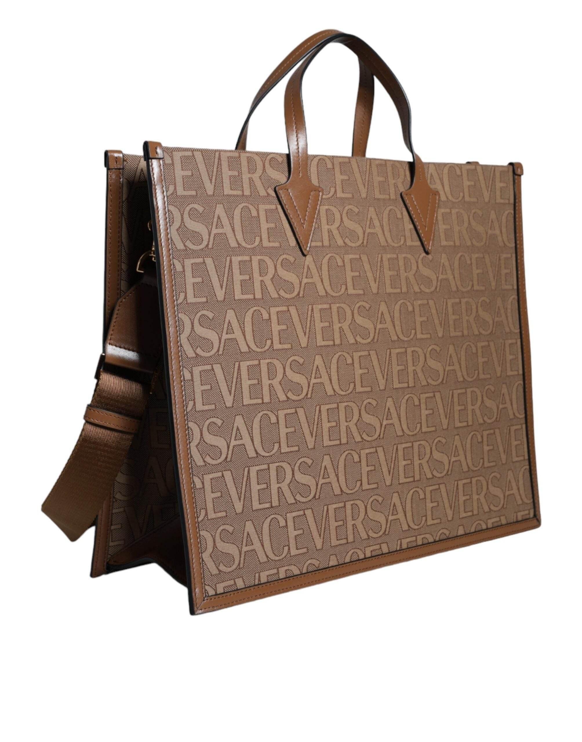 Versace Brown Top Handle Jacquard Leather Logo Crossbody Tote Bag - Hilstor