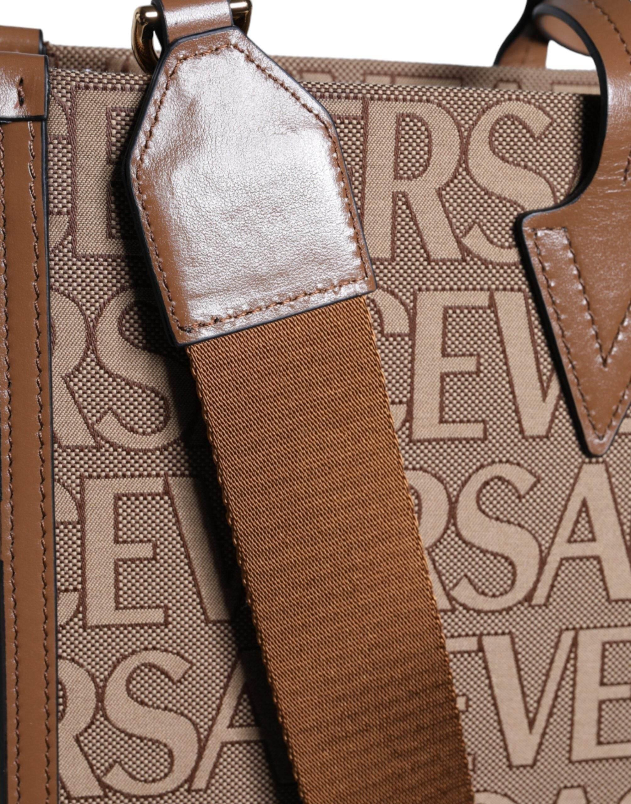 Versace Brown Top Handle Jacquard Leather Logo Crossbody Tote Bag - Hilstor