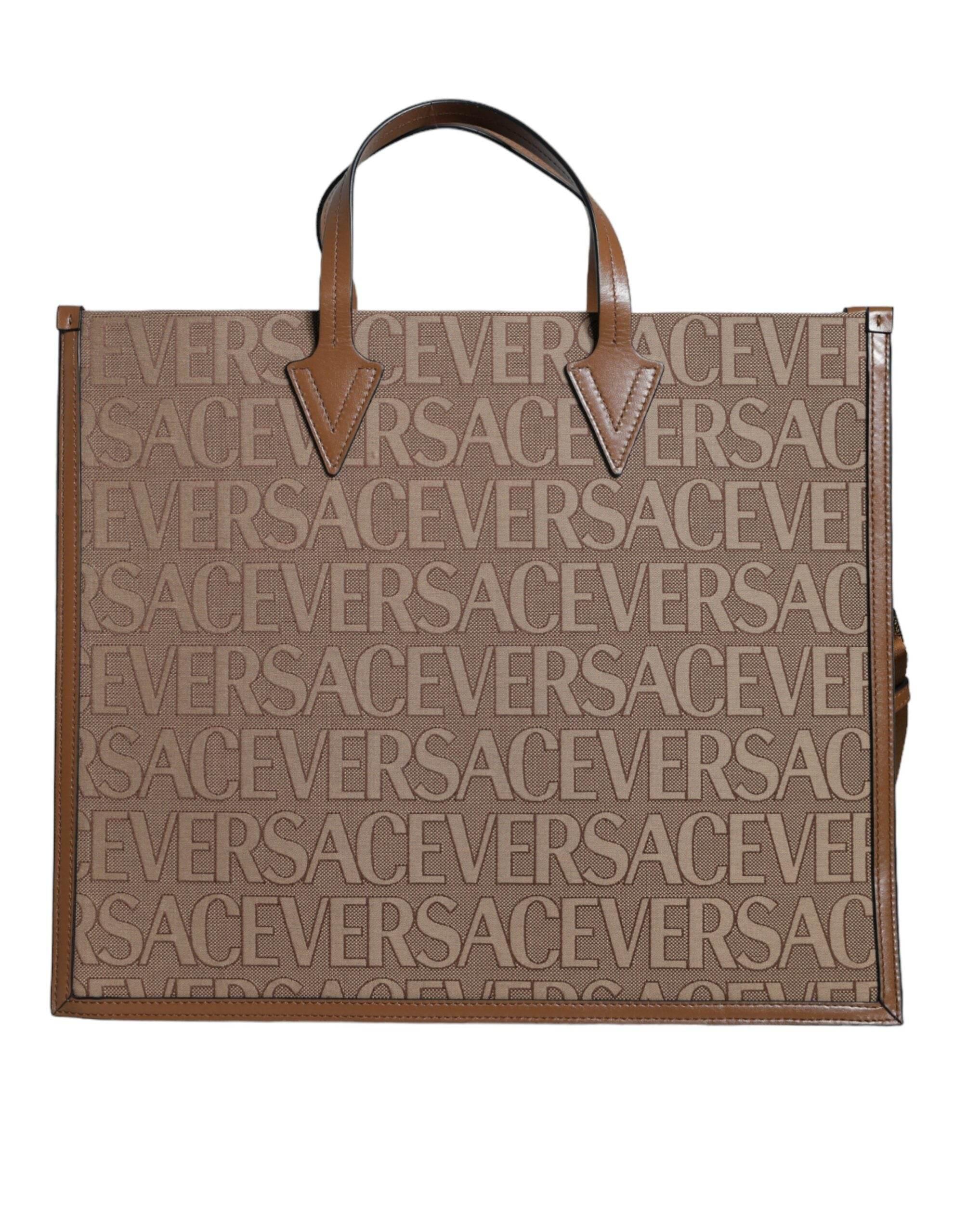 Versace Brown Top Handle Jacquard Leather Logo Crossbody Tote Bag - Hilstor