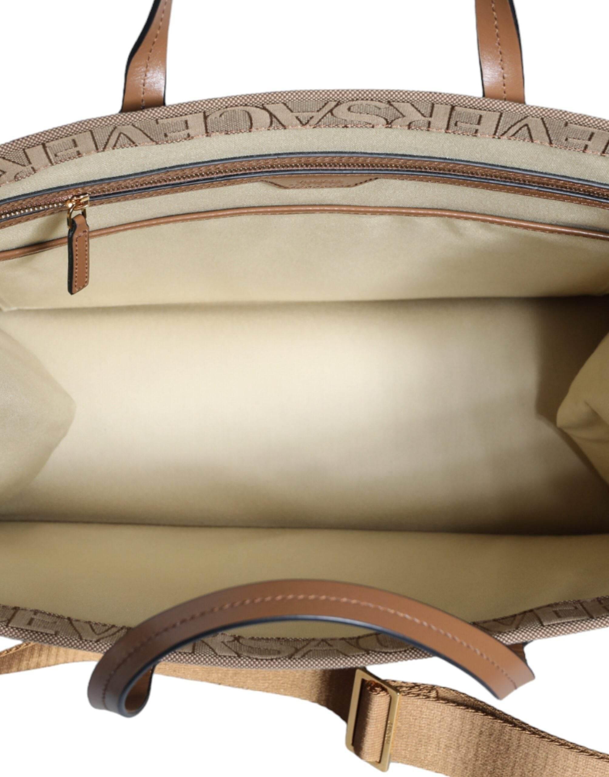 Versace Brown Top Handle Jacquard Leather Logo Crossbody Tote Bag - Hilstor