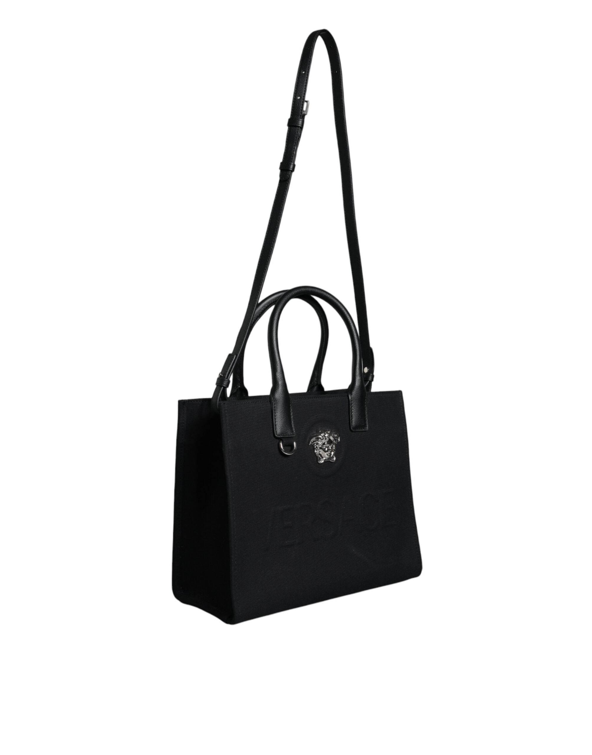 Versace Black Top Handle Canvas Leather Logo Crossbody Tote Bag - Hilstor