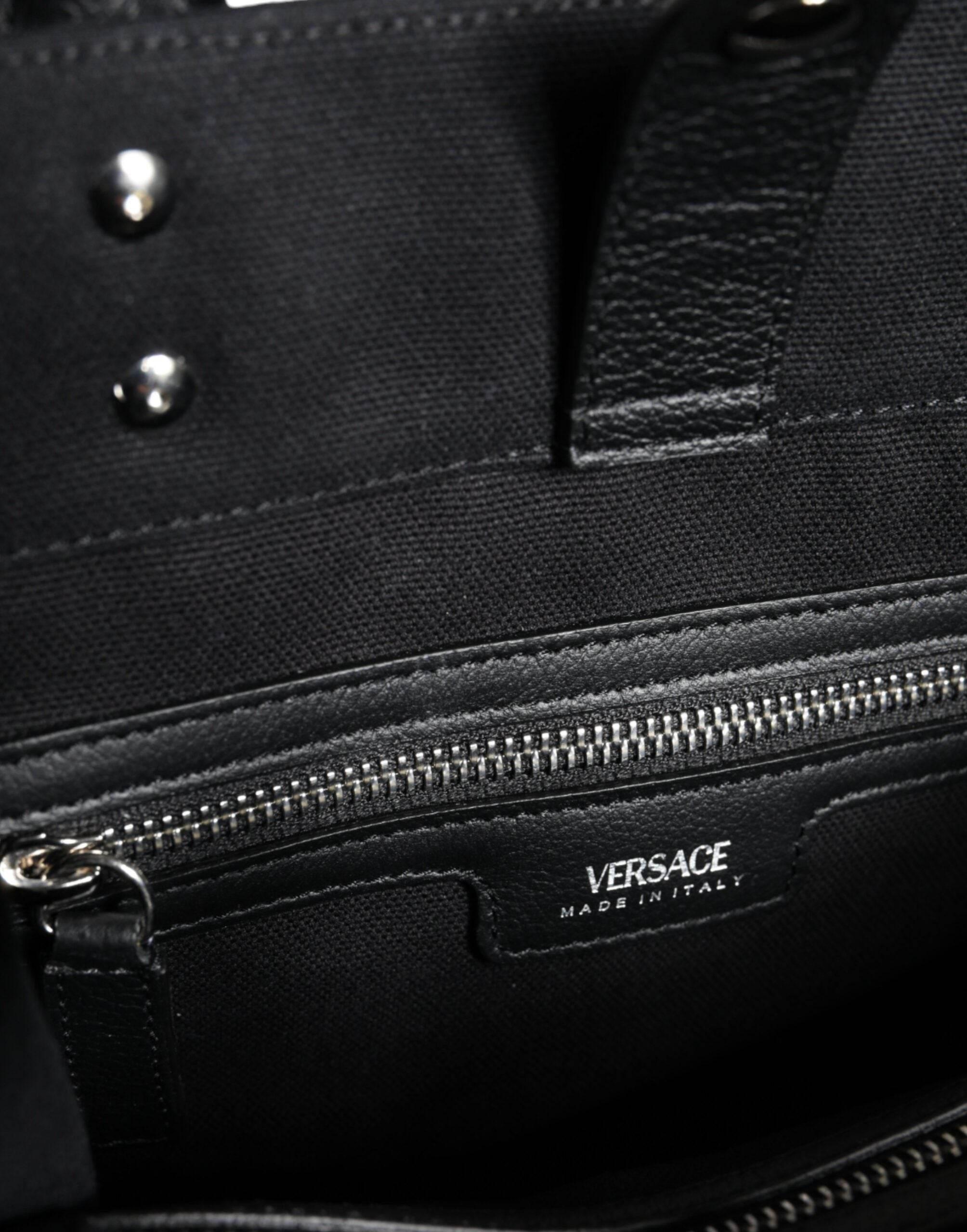 Versace Black Top Handle Canvas Leather Logo Crossbody Tote Bag - Hilstor