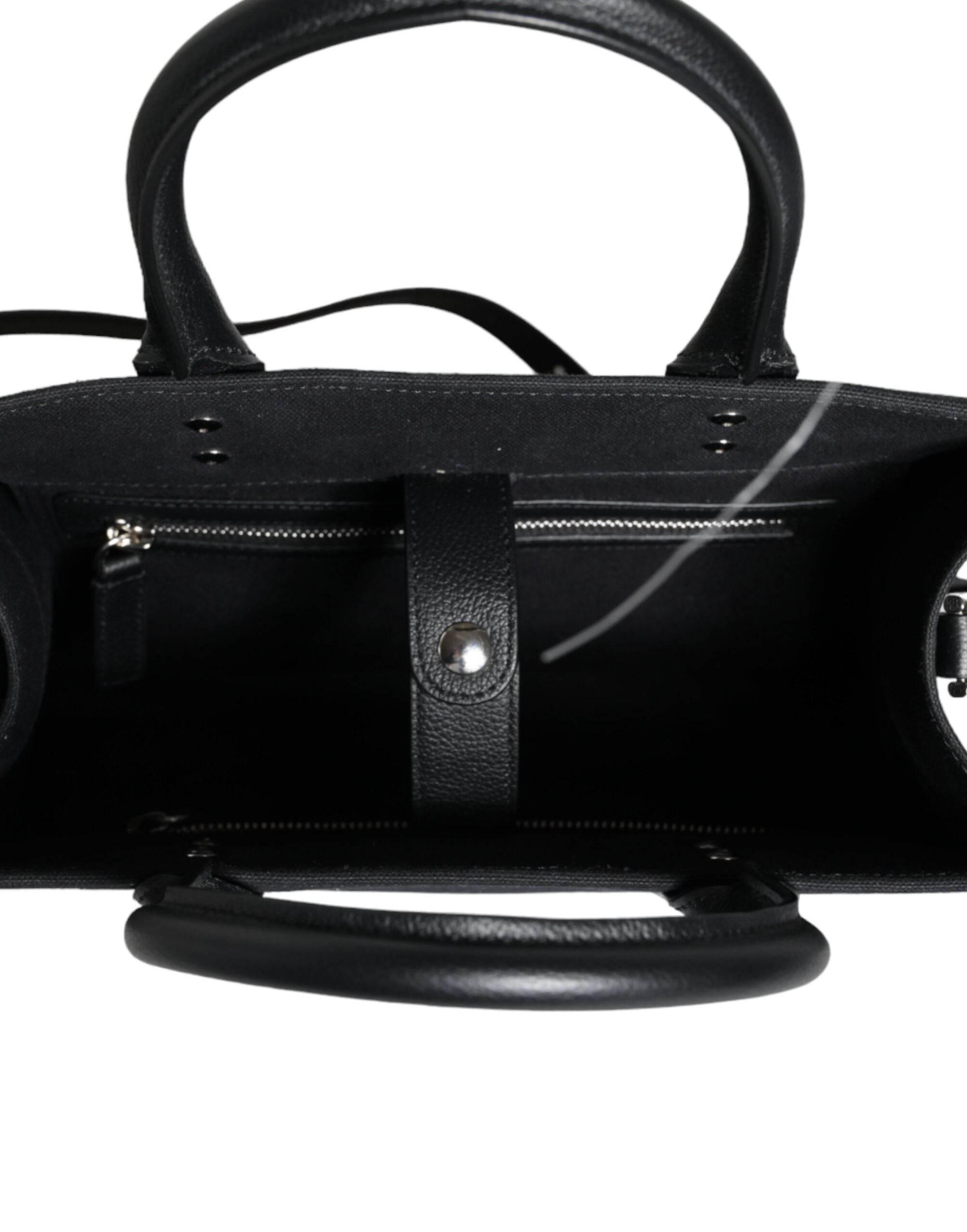 Versace Black Top Handle Canvas Leather Logo Crossbody Tote Bag - Hilstor