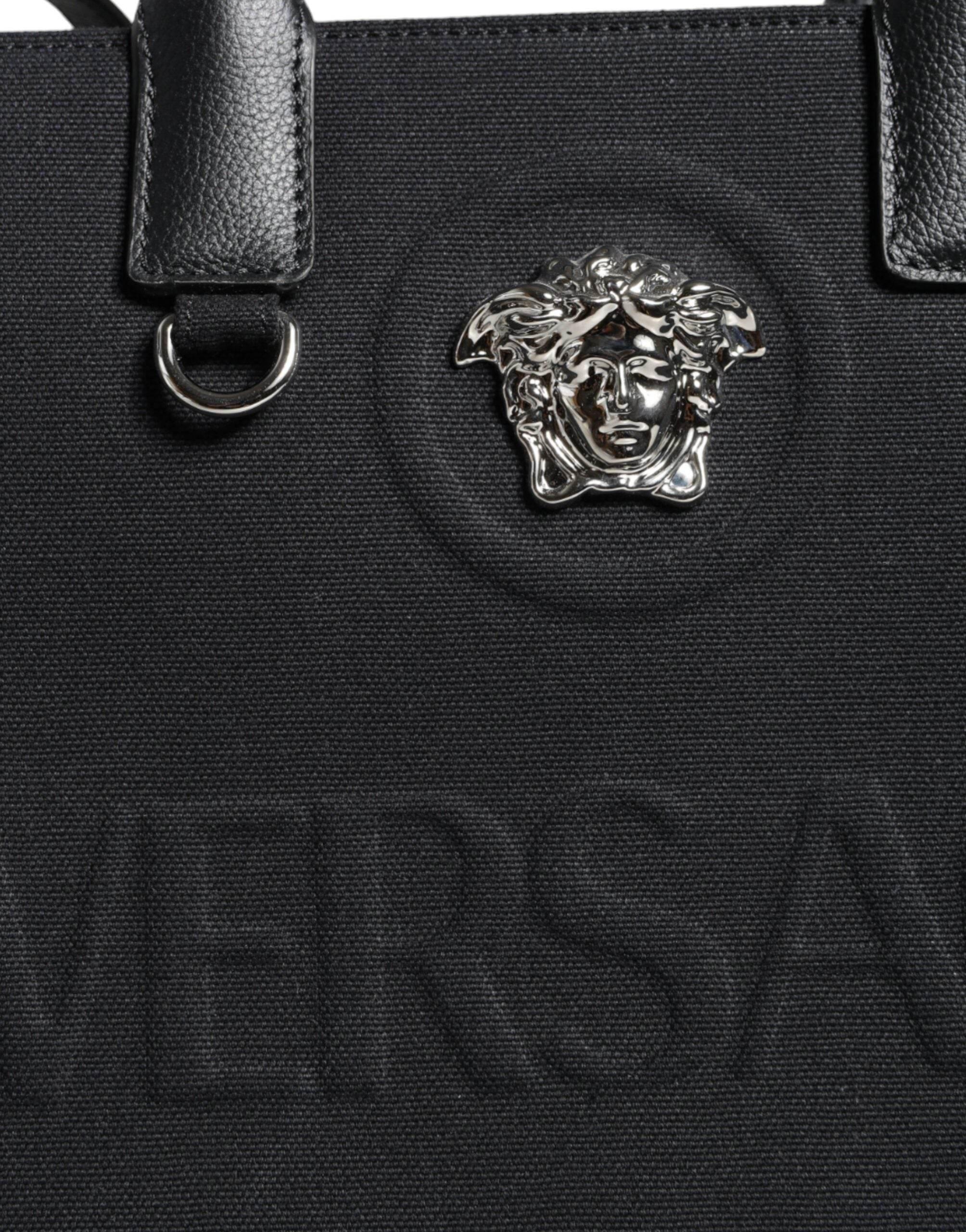 Versace Black Top Handle Canvas Leather Logo Crossbody Tote Bag - Hilstor