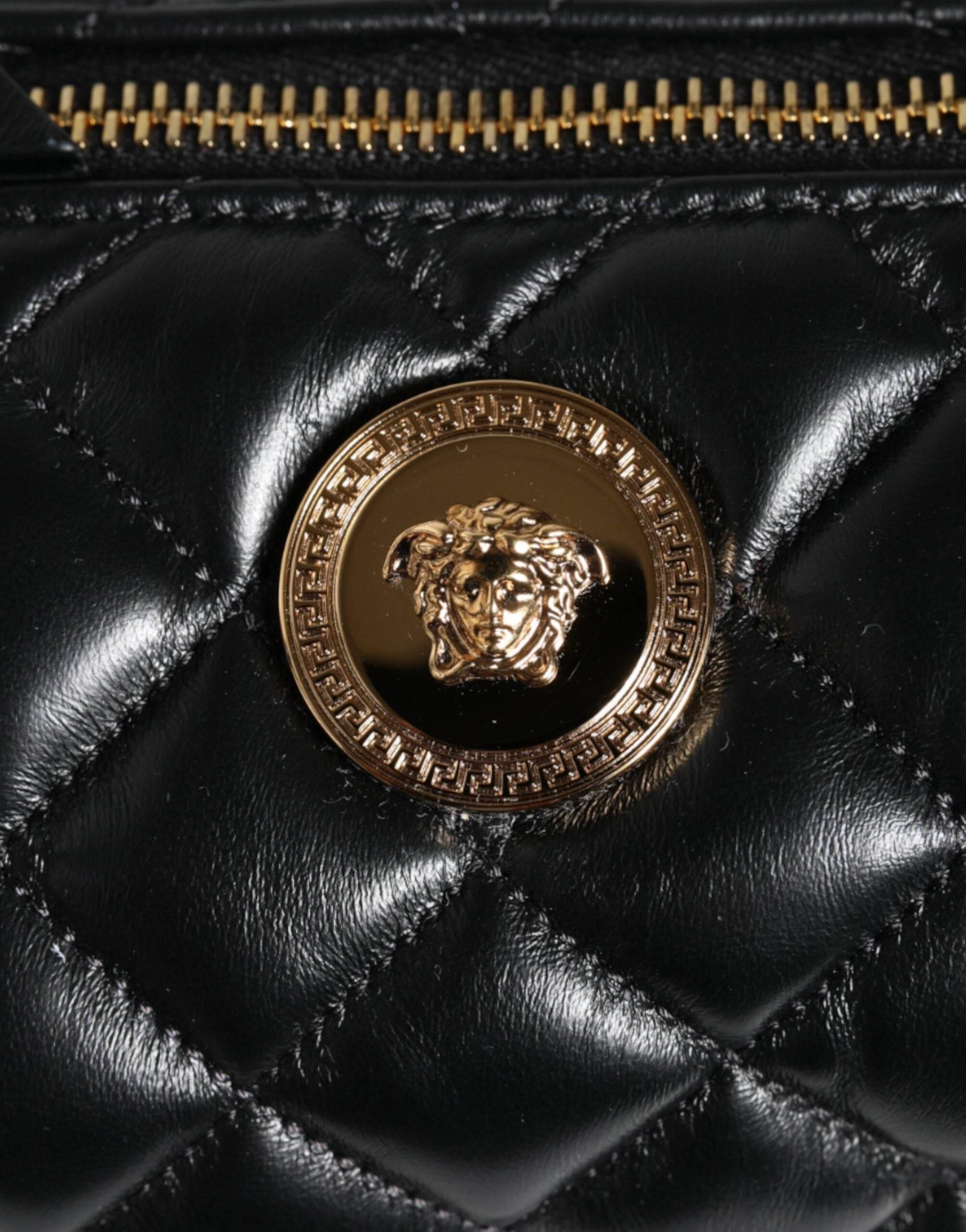 Versace Black Mini Quilted Lambskin Leather Crossbody Sling Bag - Hilstor