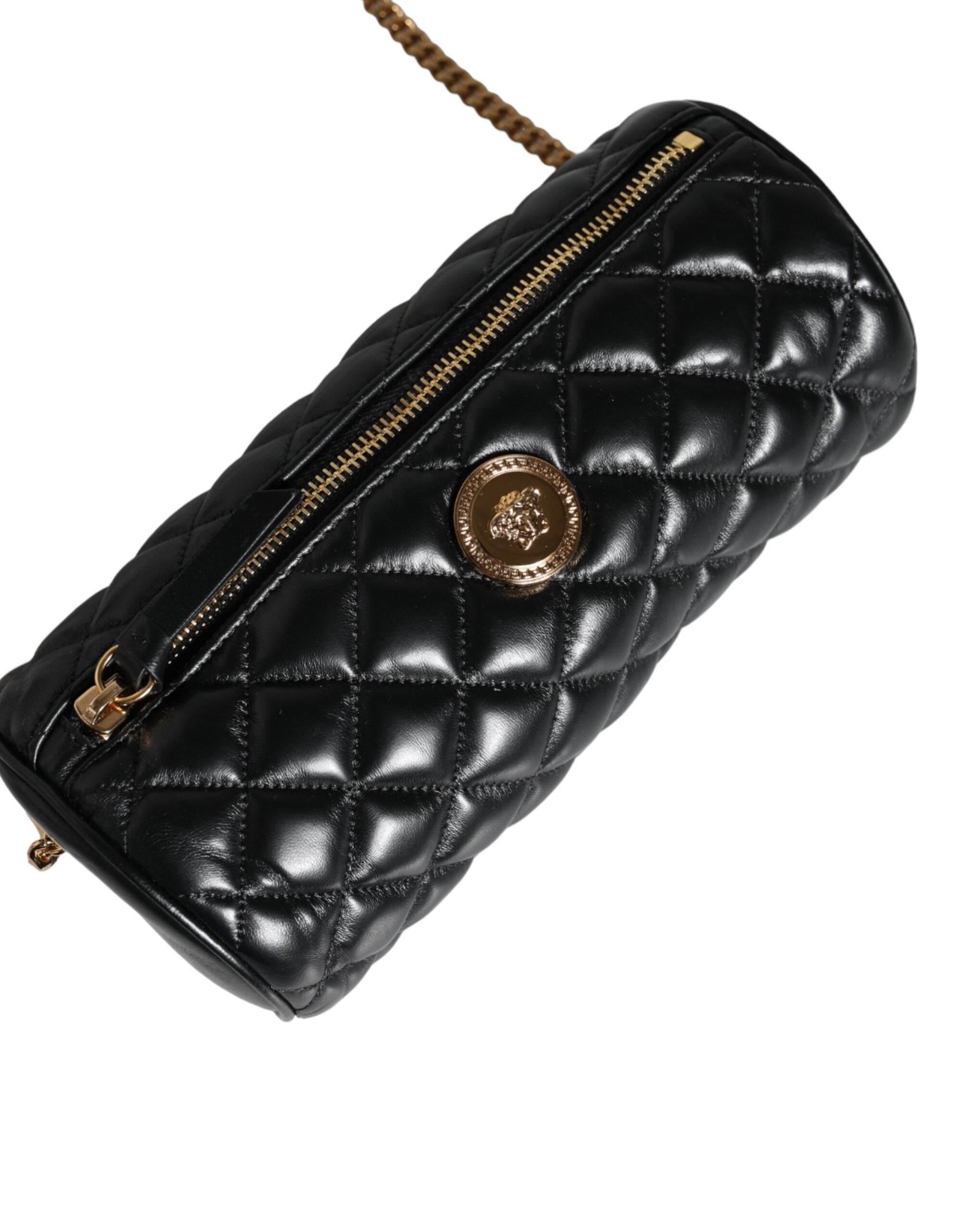 Versace Black Mini Quilted Lambskin Leather Crossbody Sling Bag - Hilstor