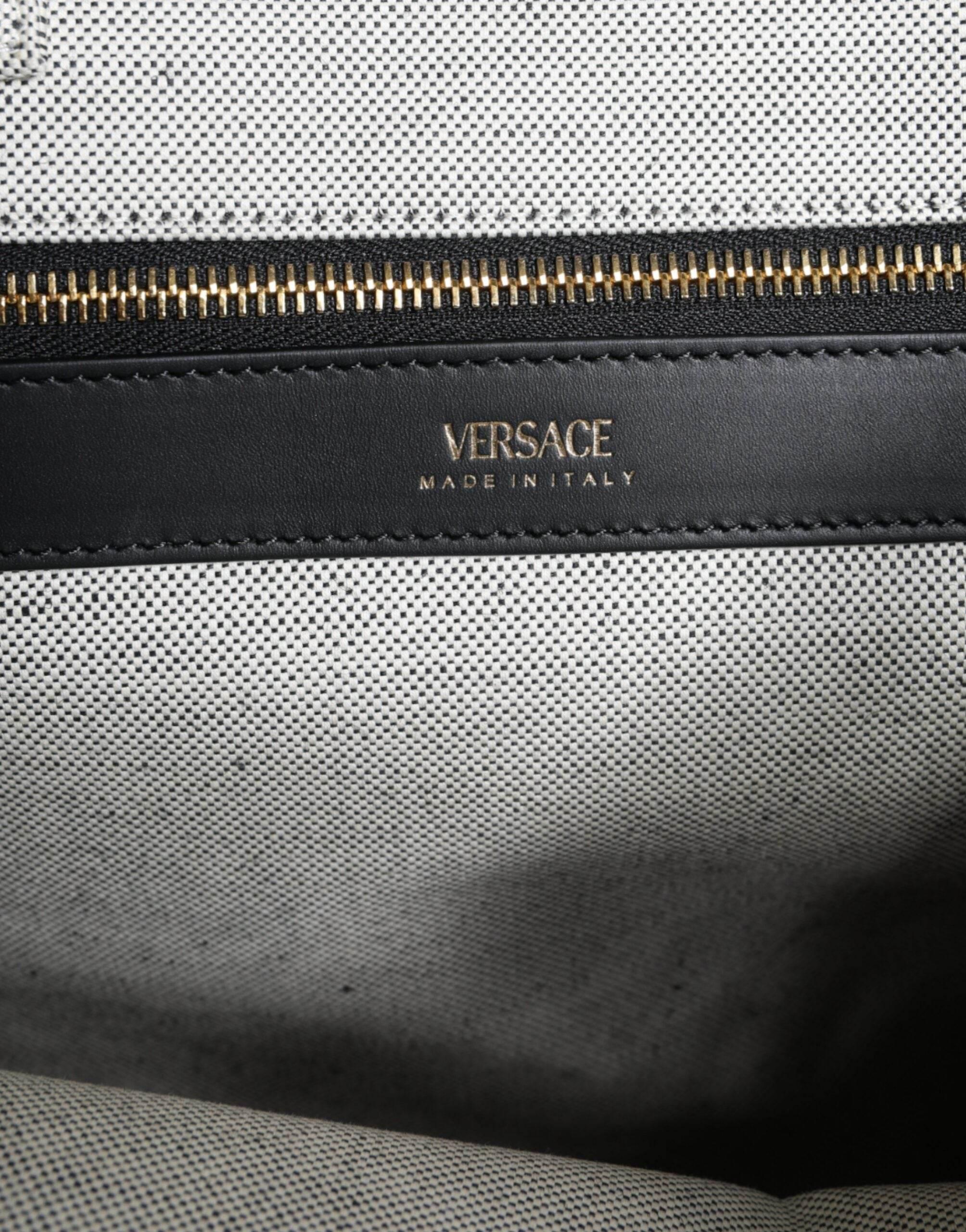 Versace White Top Handle Canvas Leather Logo Crossbody Tote Bag - Hilstor