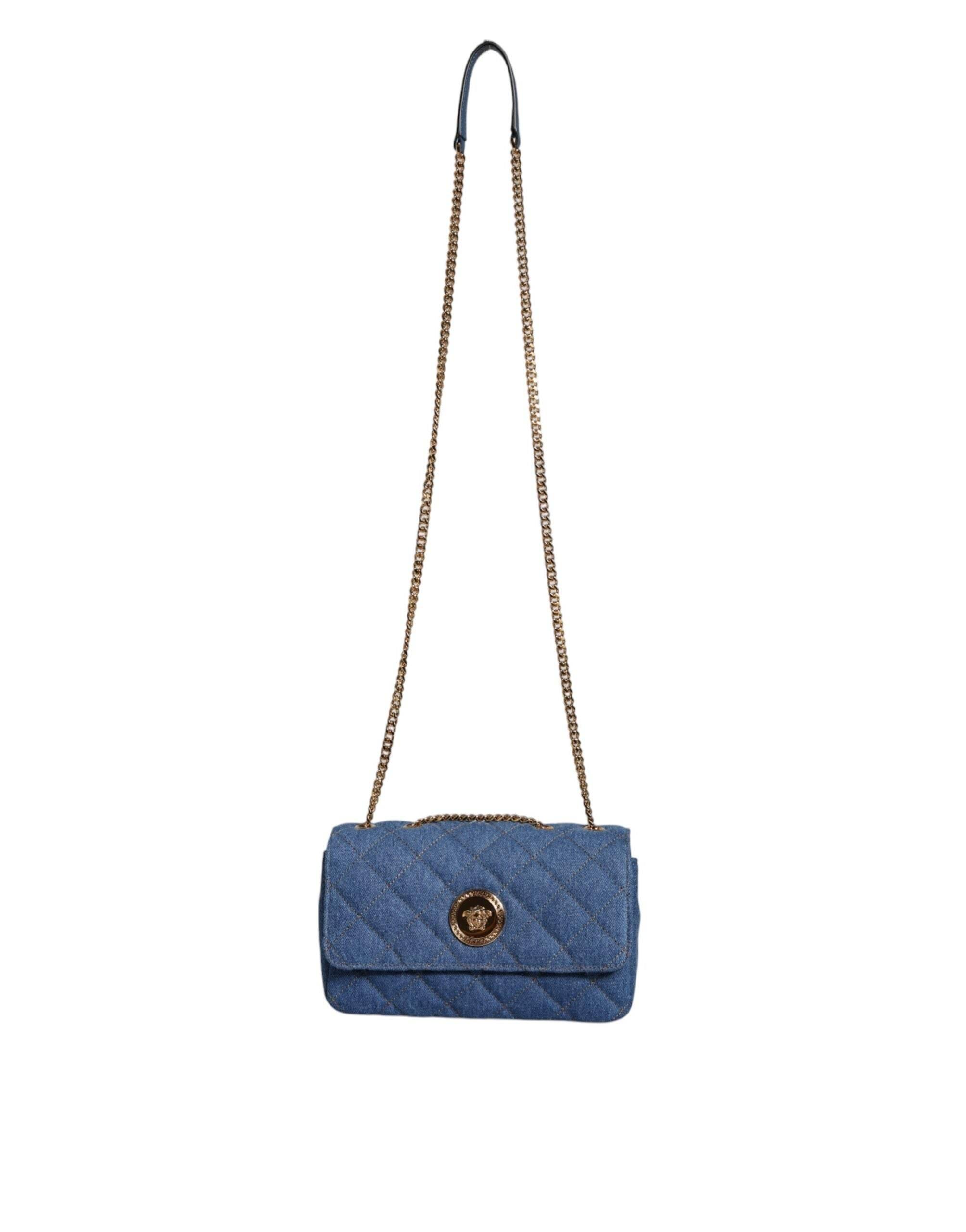 Versace Blue Quilted Denim Leather Crossbody Shoulder Bag - Hilstor