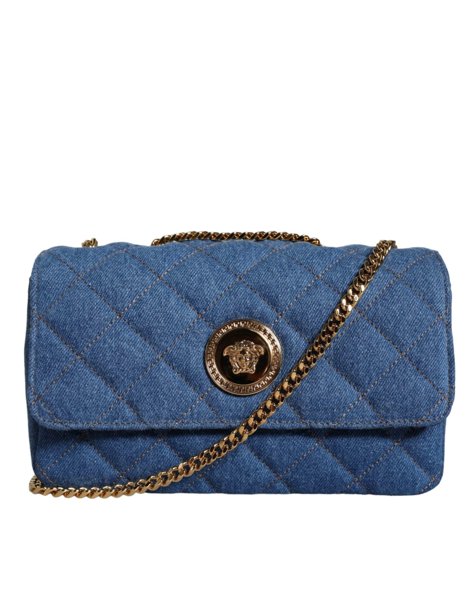 Versace Blue Quilted Denim Leather Crossbody Shoulder Bag - Hilstor