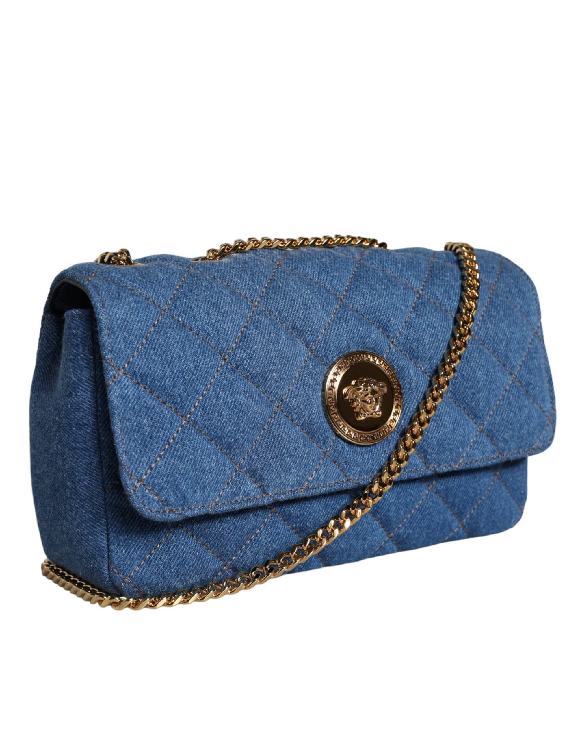 Versace Blue Quilted Denim Leather Crossbody Shoulder Bag - Hilstor