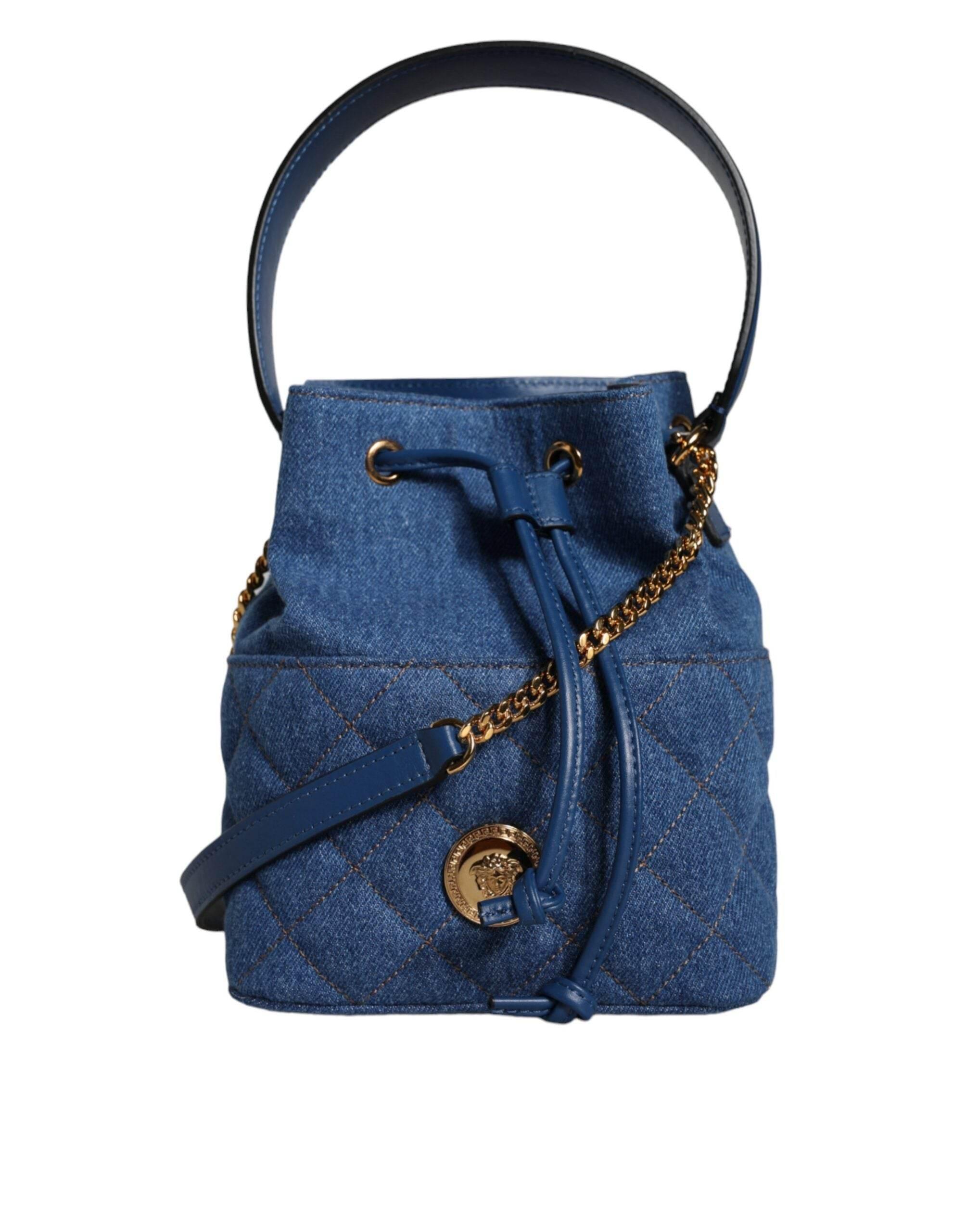 Versace Blue Quilted Denim Leather Crossbody Shoulder Bag - Hilstor