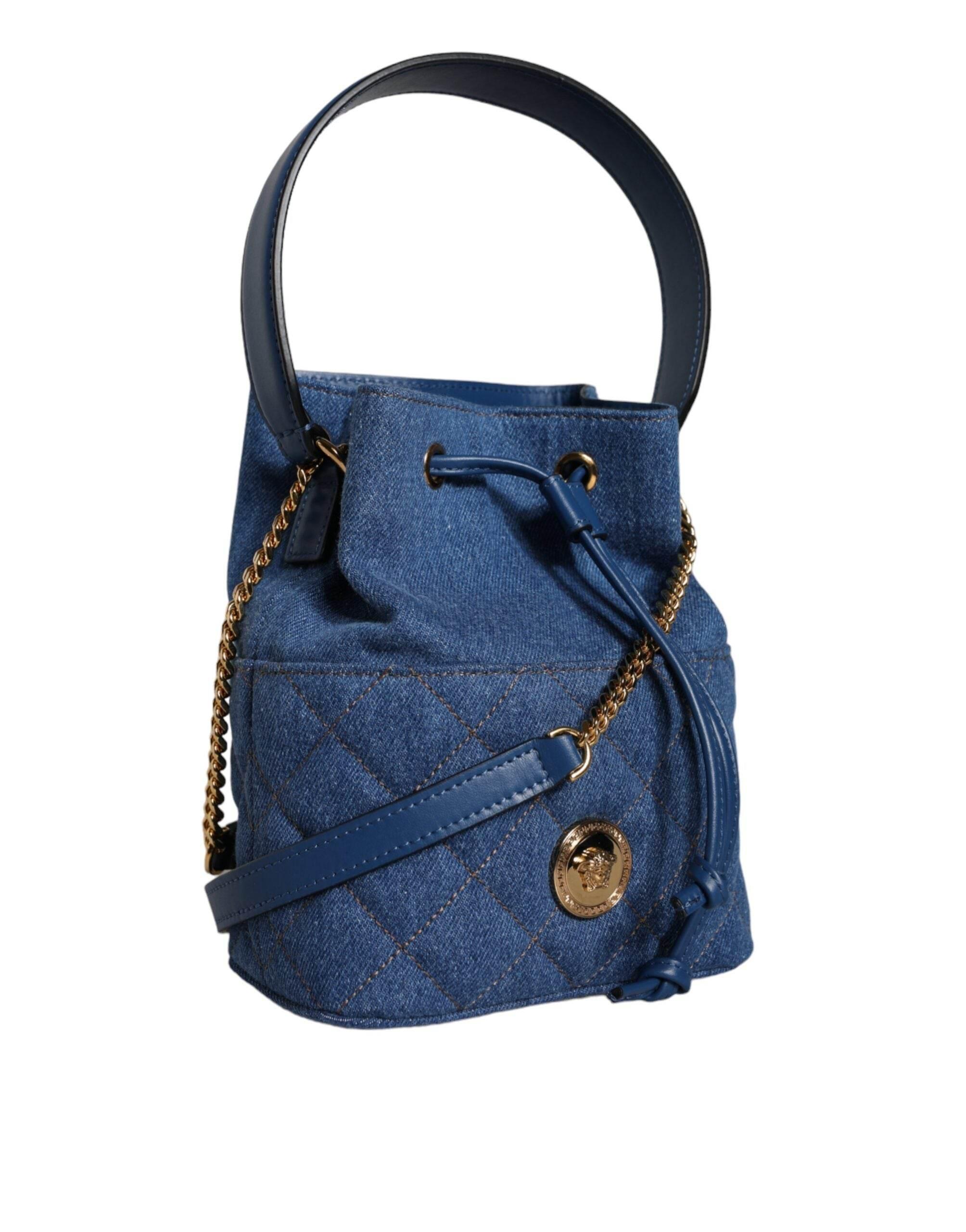 Versace Blue Quilted Denim Leather Crossbody Shoulder Bag - Hilstor