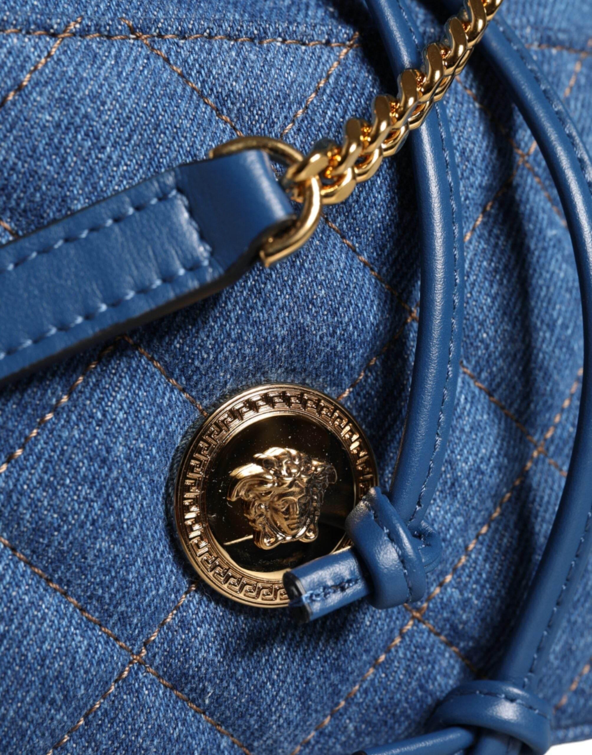 Versace Blue Quilted Denim Leather Crossbody Shoulder Bag - Hilstor