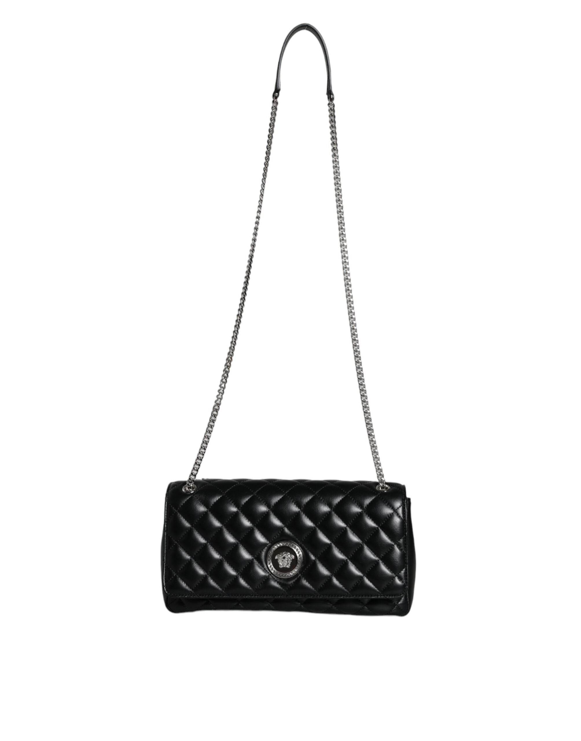 Versace Black Quilted Lambskin Leather Crossbody Shoulder Bag - Hilstor