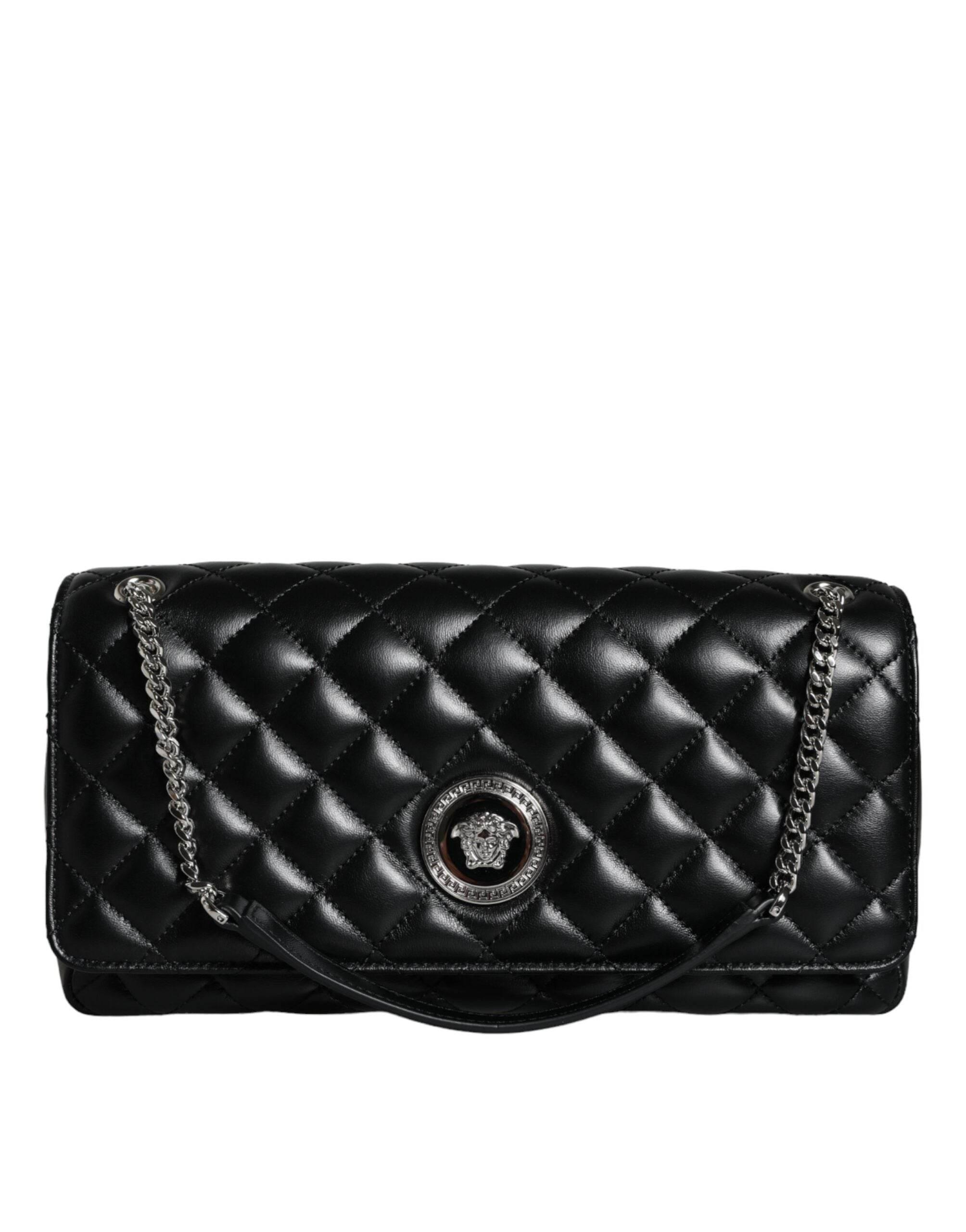 Versace Black Quilted Lambskin Leather Crossbody Shoulder Bag - Hilstor