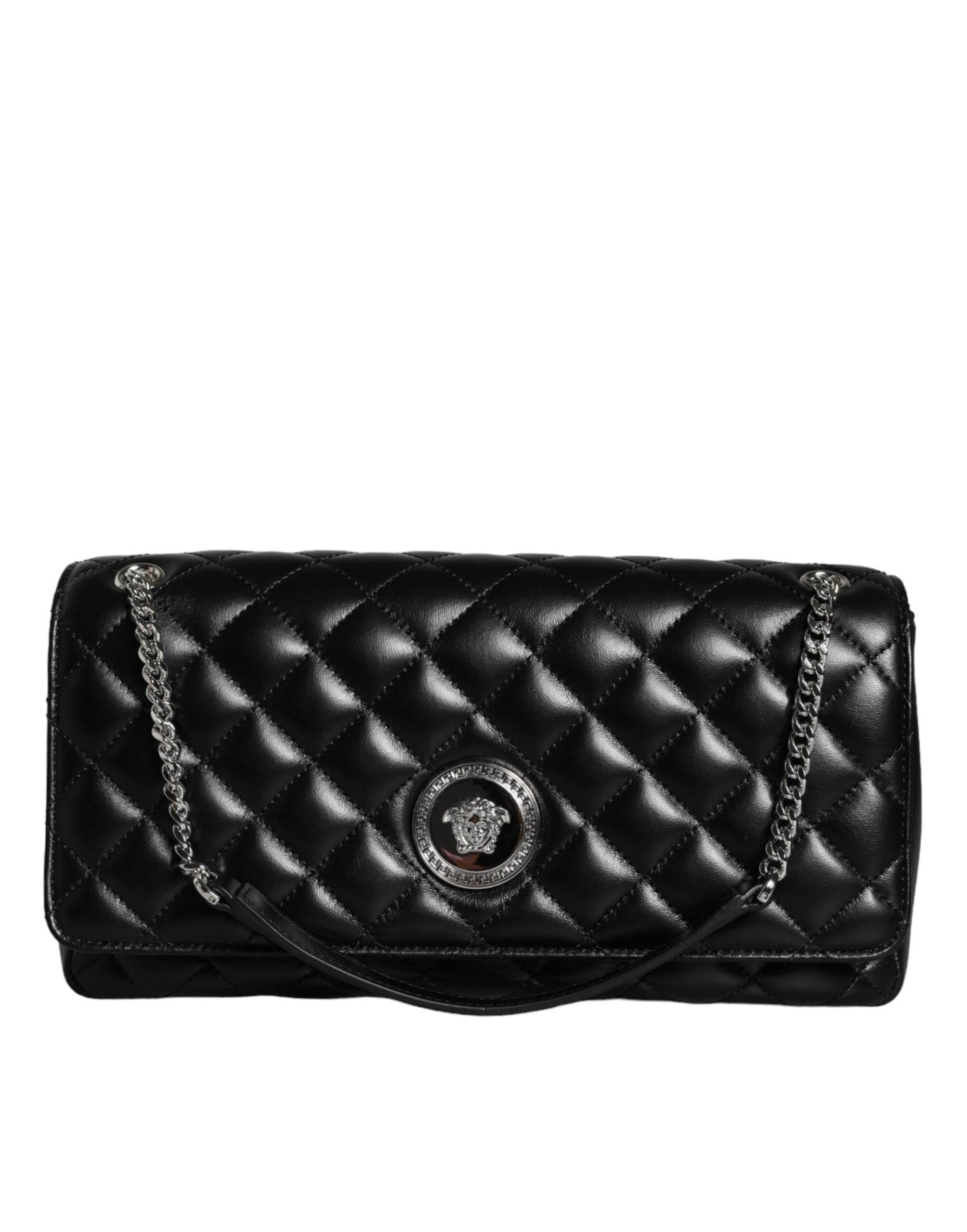 Versace Black Quilted Lambskin Leather Crossbody Shoulder Bag - Hilstor