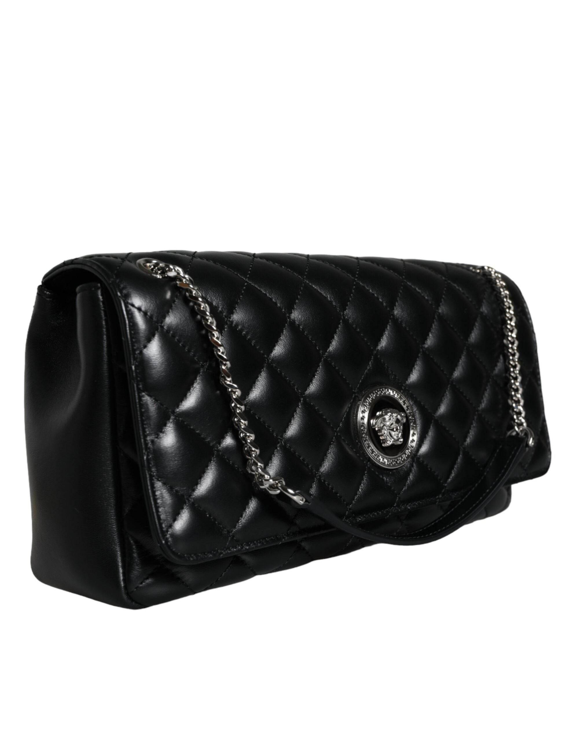 Versace Black Quilted Lambskin Leather Crossbody Shoulder Bag - Hilstor
