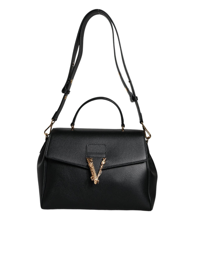Versace Black Top Handle Grainy Calfskin Leather Crossbody Bag - Hilstor