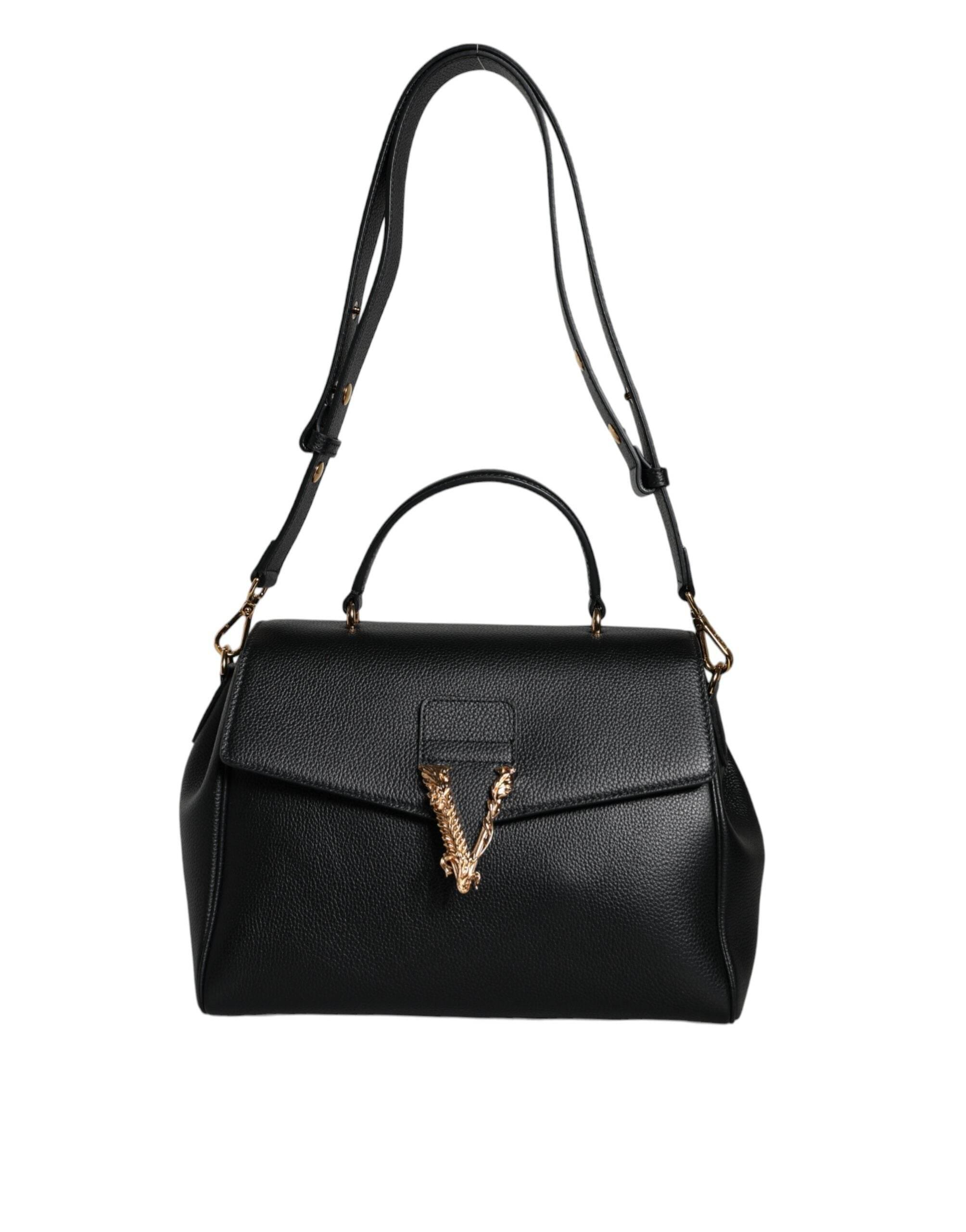Versace Black Top Handle Grainy Calfskin Leather Crossbody Bag - Hilstor