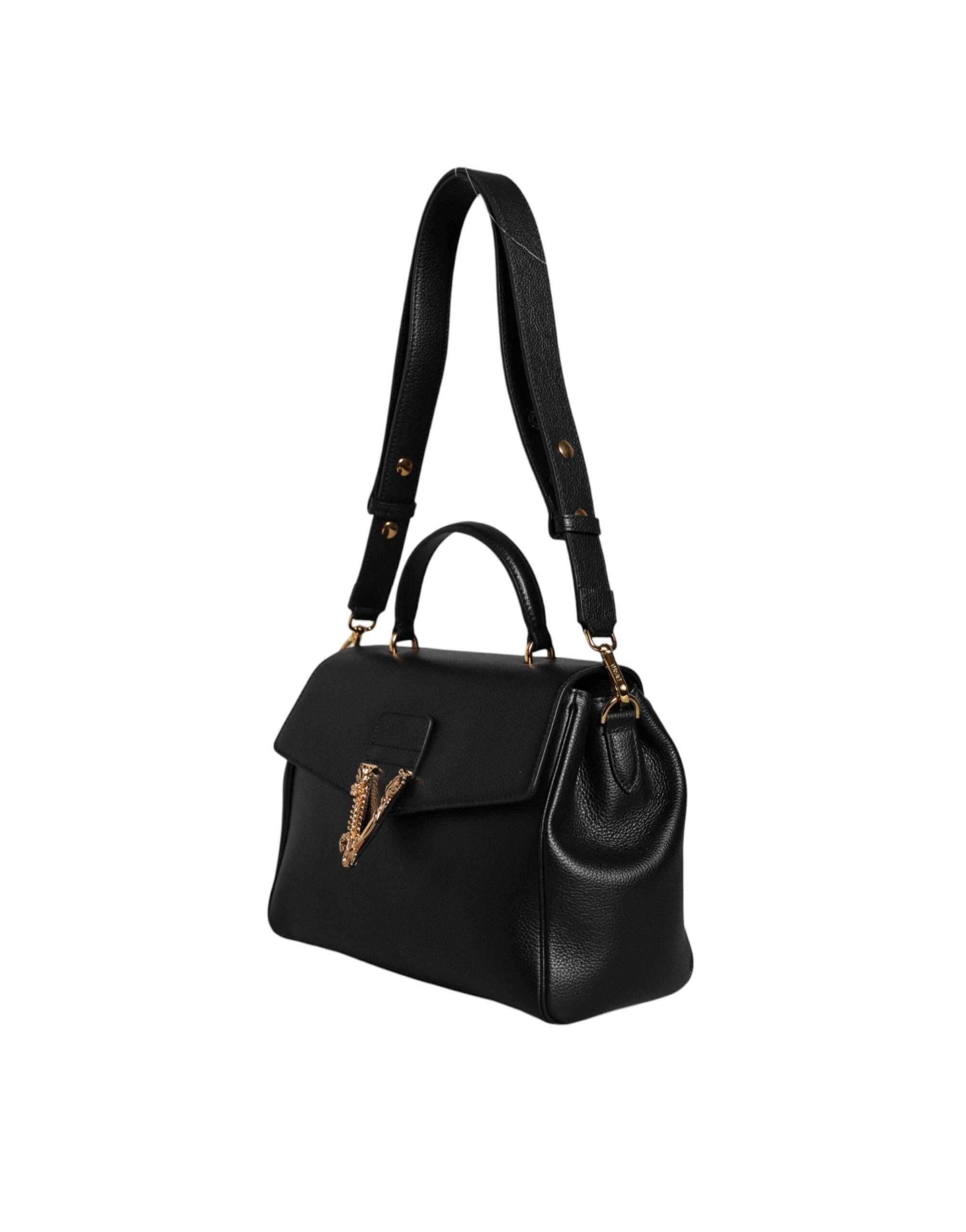 Versace Black Top Handle Grainy Calfskin Leather Crossbody Bag - Hilstor