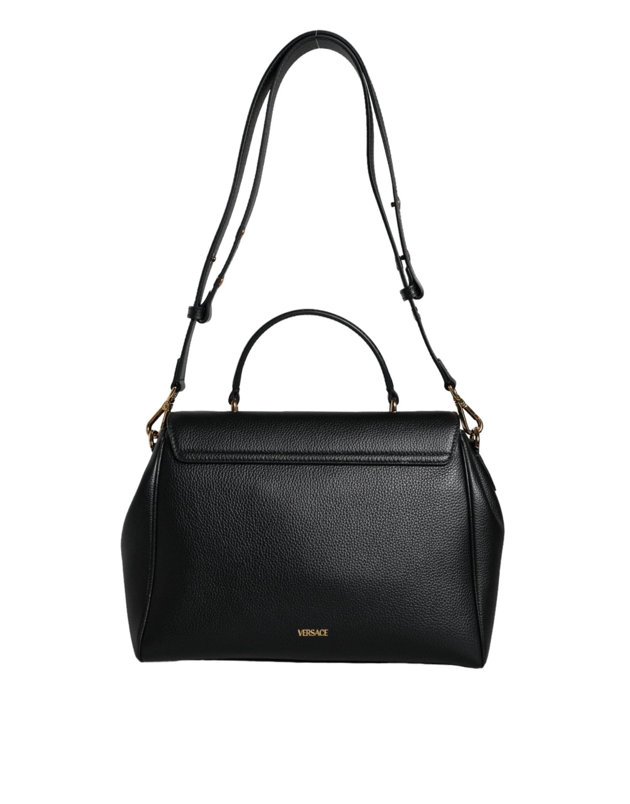 Versace Black Top Handle Grainy Calfskin Leather Crossbody Bag - Hilstor