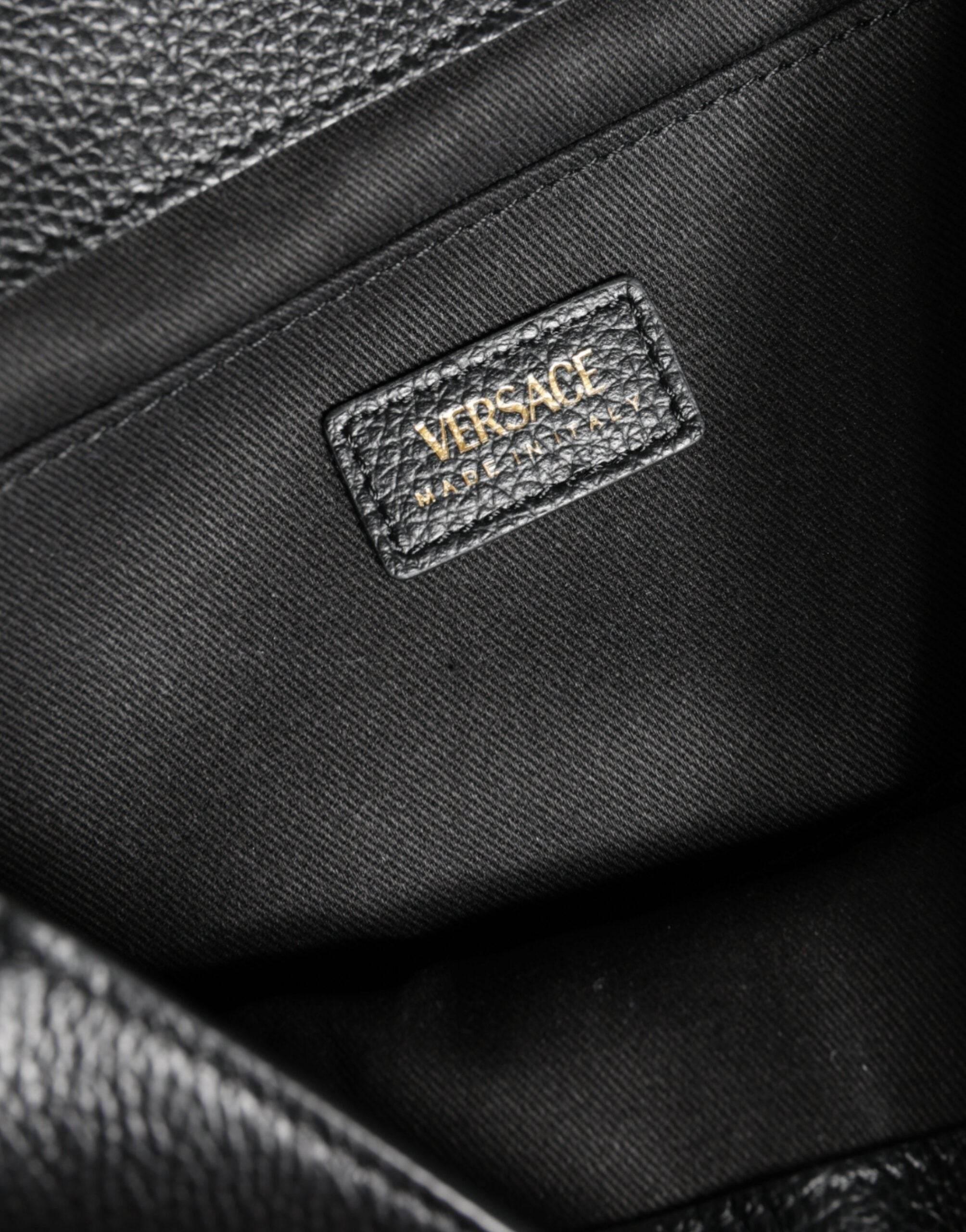 Versace Black Top Handle Grainy Calfskin Leather Crossbody Bag - Hilstor