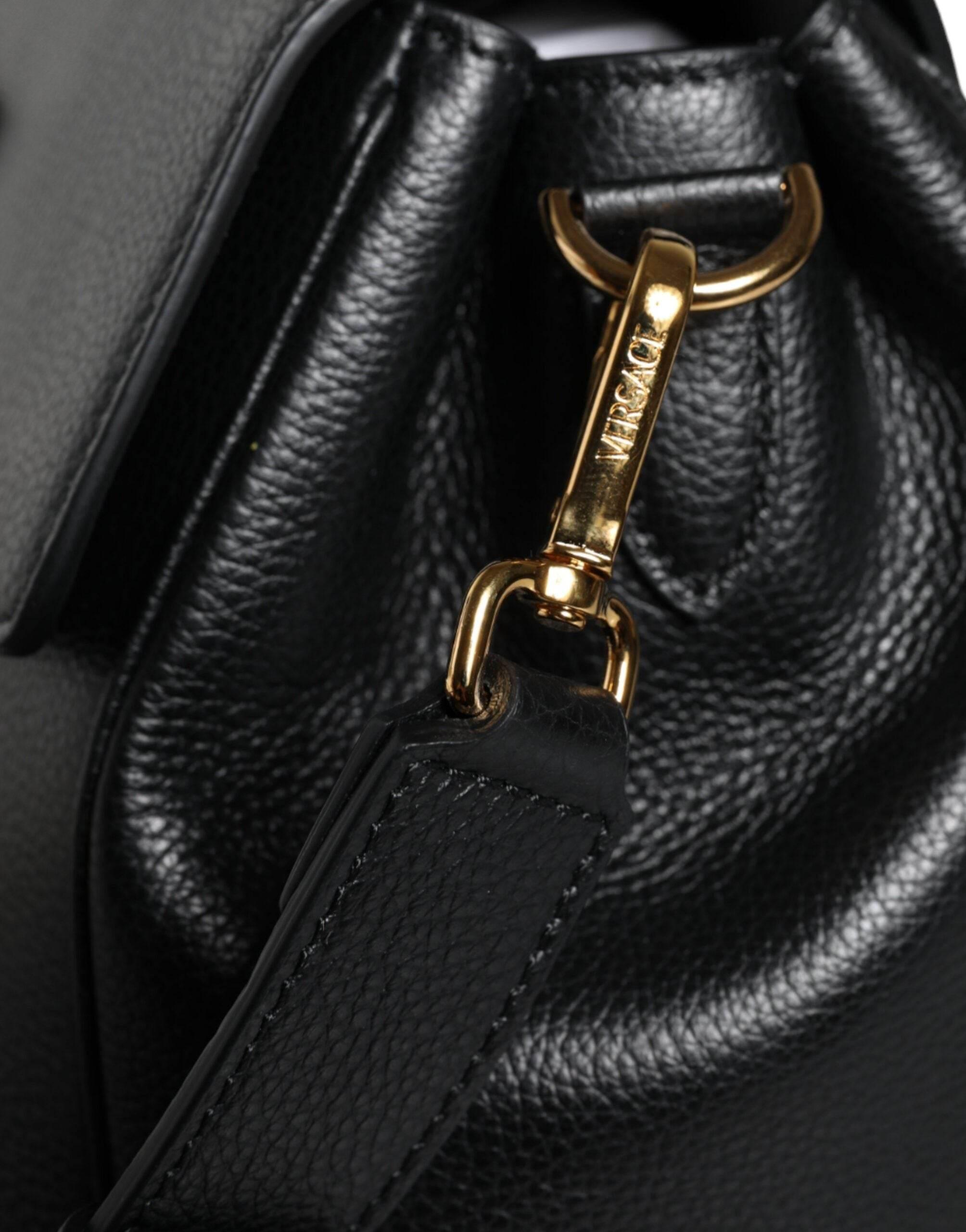 Versace Black Top Handle Grainy Calfskin Leather Crossbody Bag - Hilstor