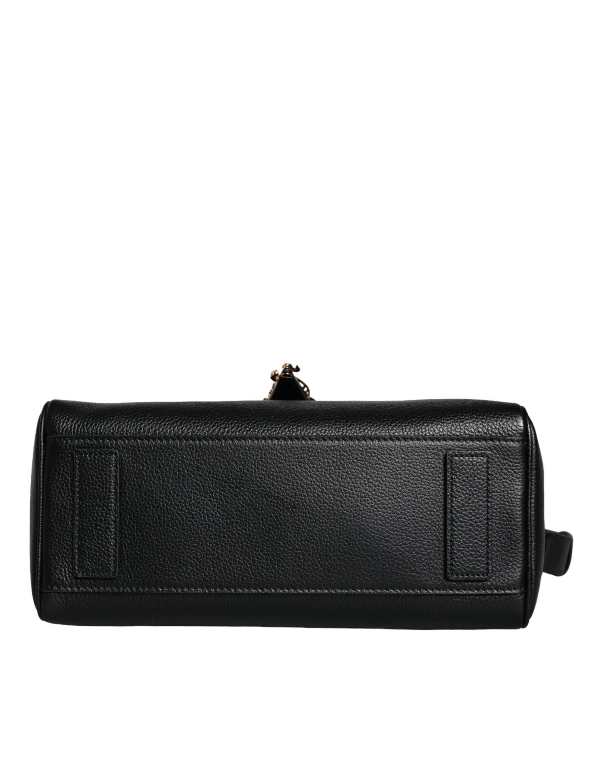 Versace Black Top Handle Grainy Calfskin Leather Crossbody Bag - Hilstor