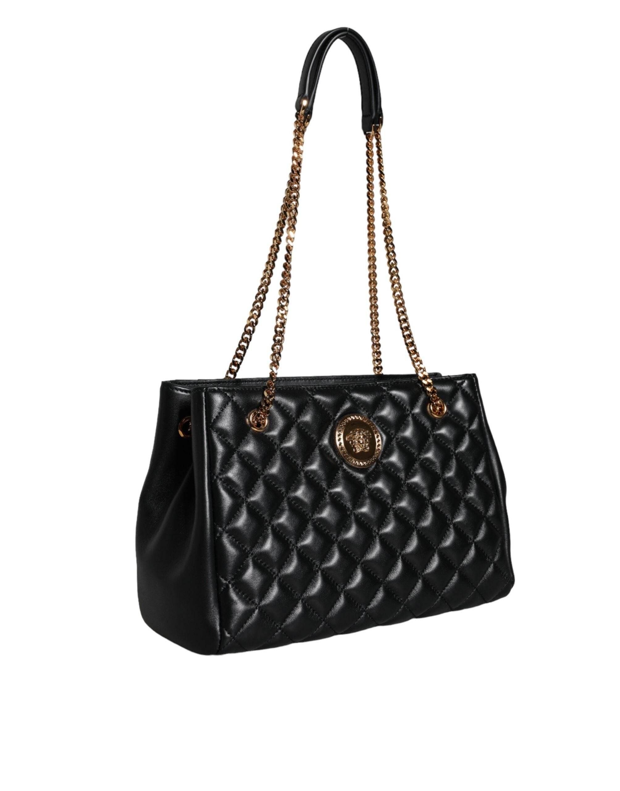 Versace Black Quilted Nappa Leather Shoulder Chain Strap Bag - Hilstor