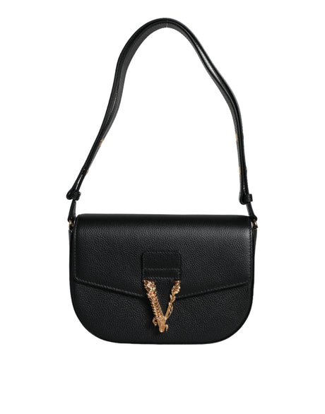 Versace Black Grainy Calf Leather Logo Crossbody Shoulder Bag - Hilstor