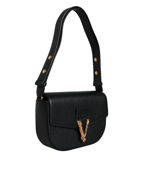Versace Black Grainy Calf Leather Logo Crossbody Shoulder Bag - Hilstor