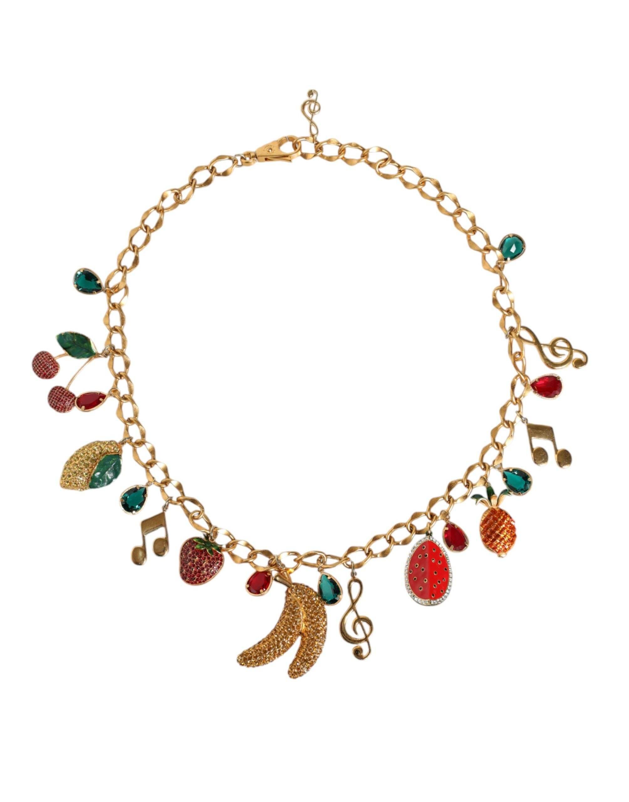 Dolce & Gabbana Gold Tone Brass Fruity Crystal Embellished Waist Chain Belt - Hilstor