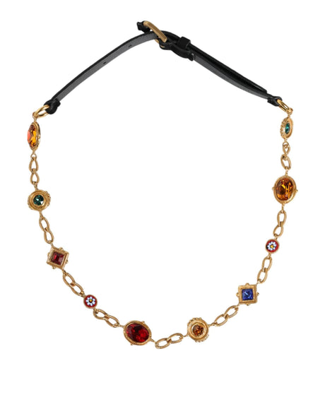 Dolce & Gabbana Black Leather Gold Brass Crystal Chain Waist Belt - Hilstor