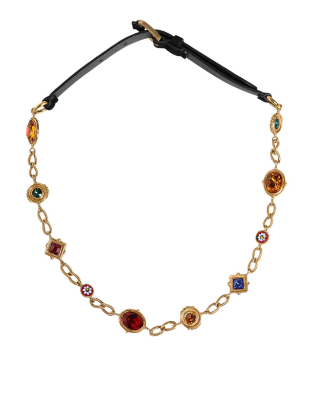 Dolce & Gabbana Black Leather Gold Brass Crystal Chain Waist Belt - Hilstor