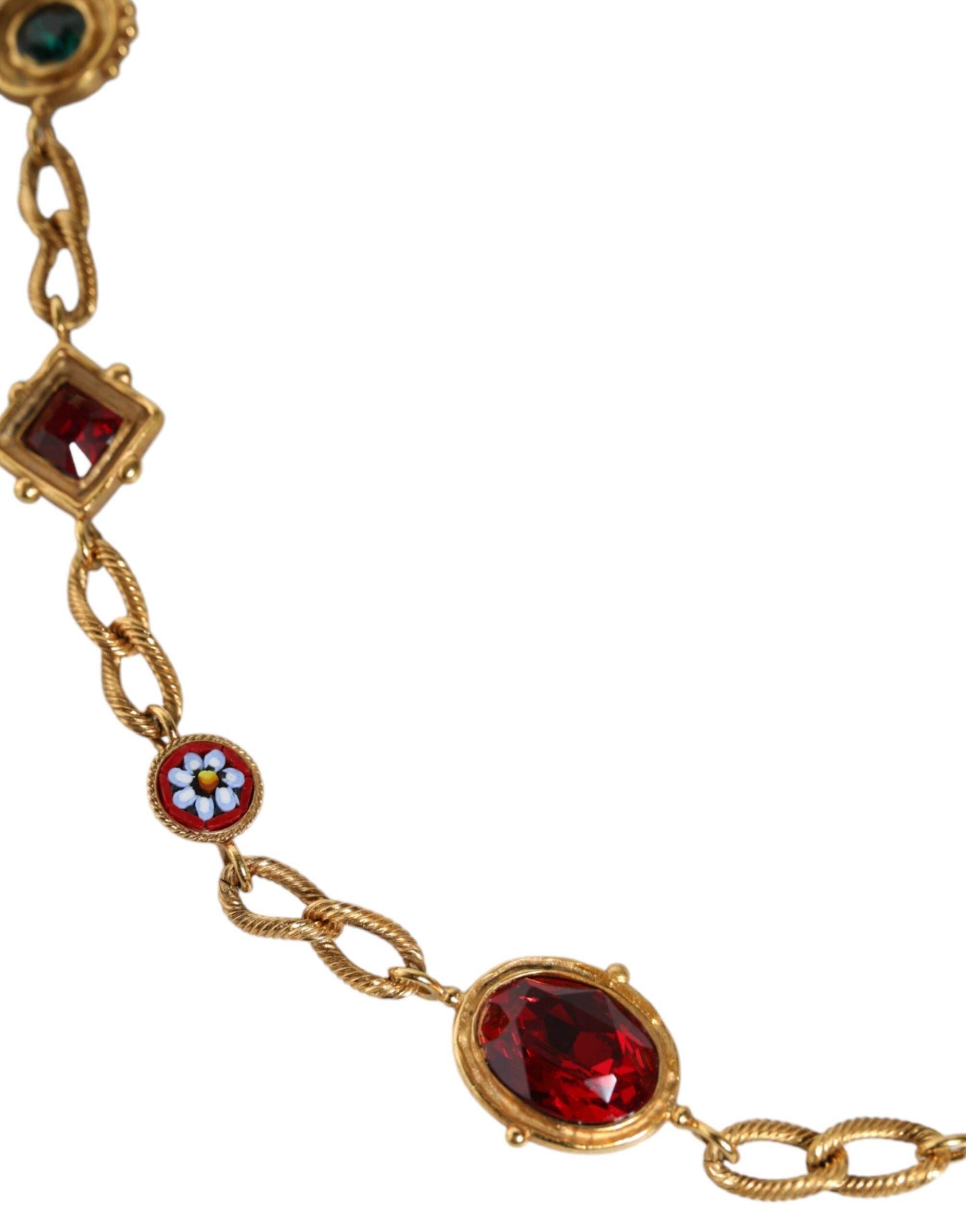 Dolce & Gabbana Black Leather Gold Brass Crystal Chain Waist Belt - Hilstor