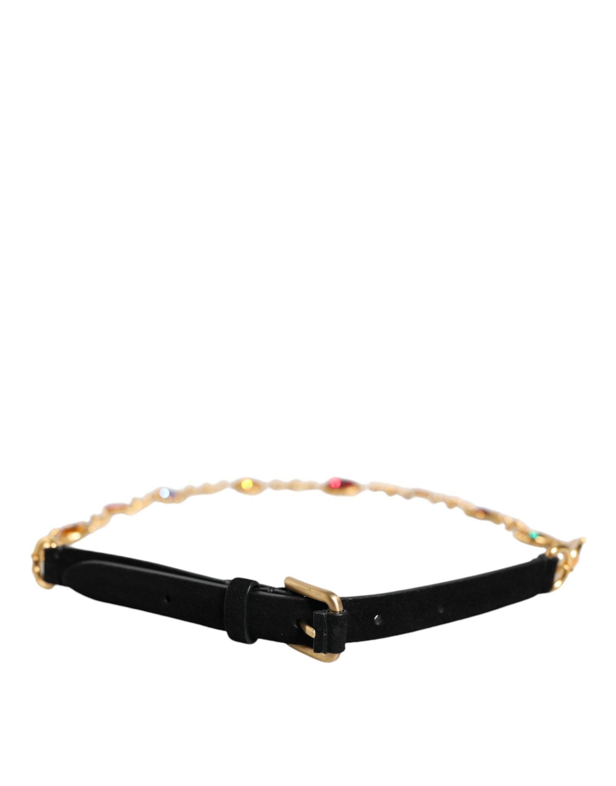 Dolce & Gabbana Black Leather Gold Brass Crystal Chain Waist Belt - Hilstor