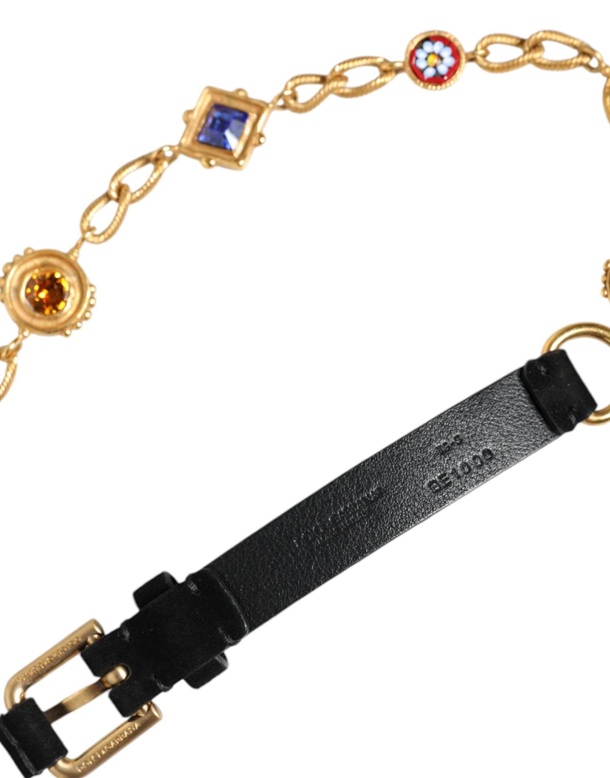 Dolce & Gabbana Black Leather Gold Brass Crystal Chain Waist Belt - Hilstor