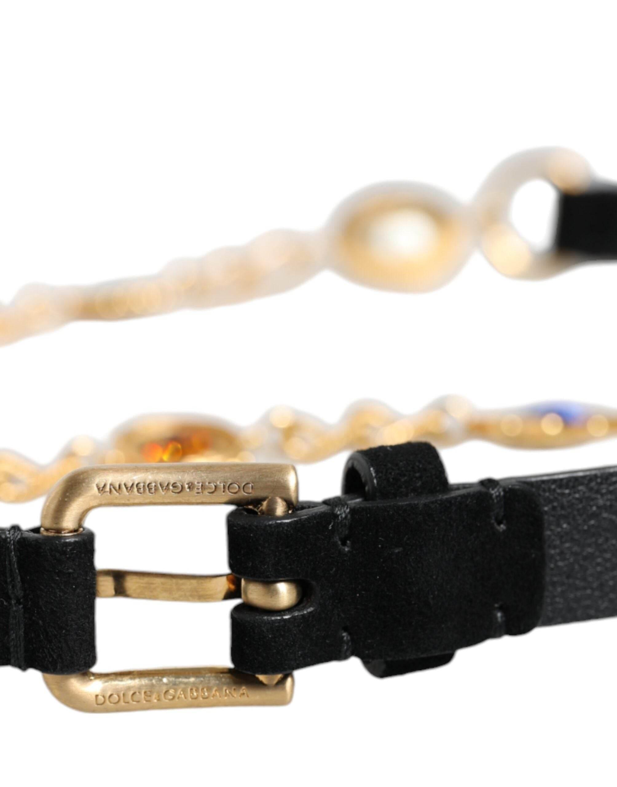 Dolce & Gabbana Black Leather Gold Brass Crystal Chain Waist Belt - Hilstor