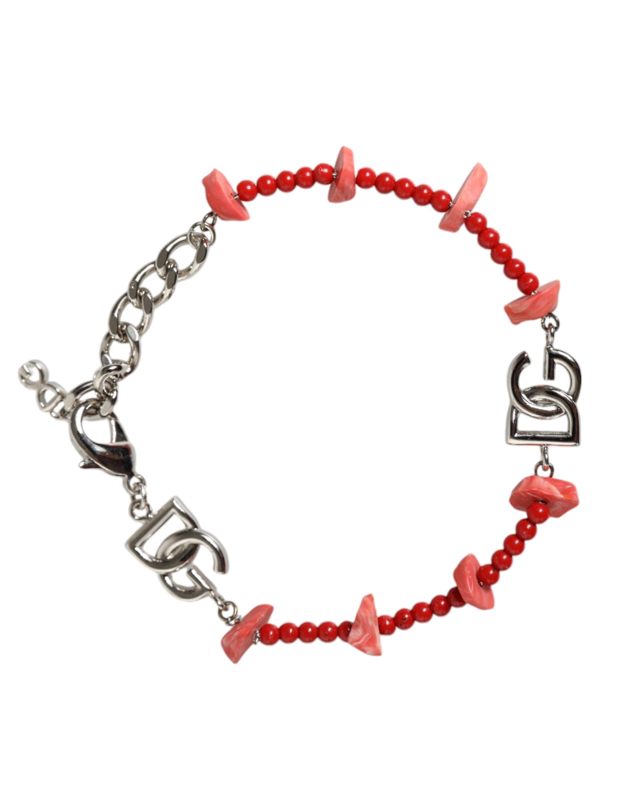 Dolce &amp; Gabbana Silver Tone Messing Beaded Resin DG Logo Chain Armbånd