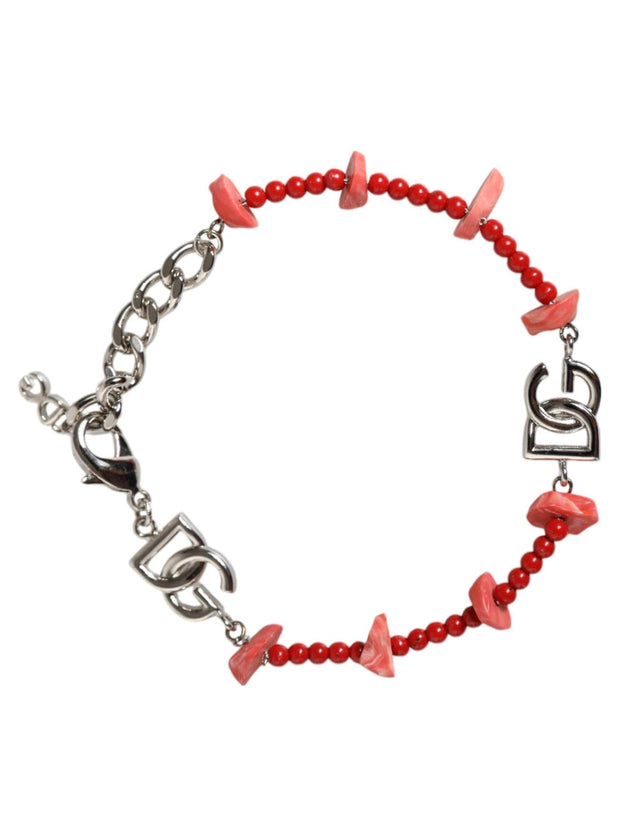 Dolce & Gabbana Silver Tone Brass Beaded Resin DG Logo Chain Bracelet - Hilstor