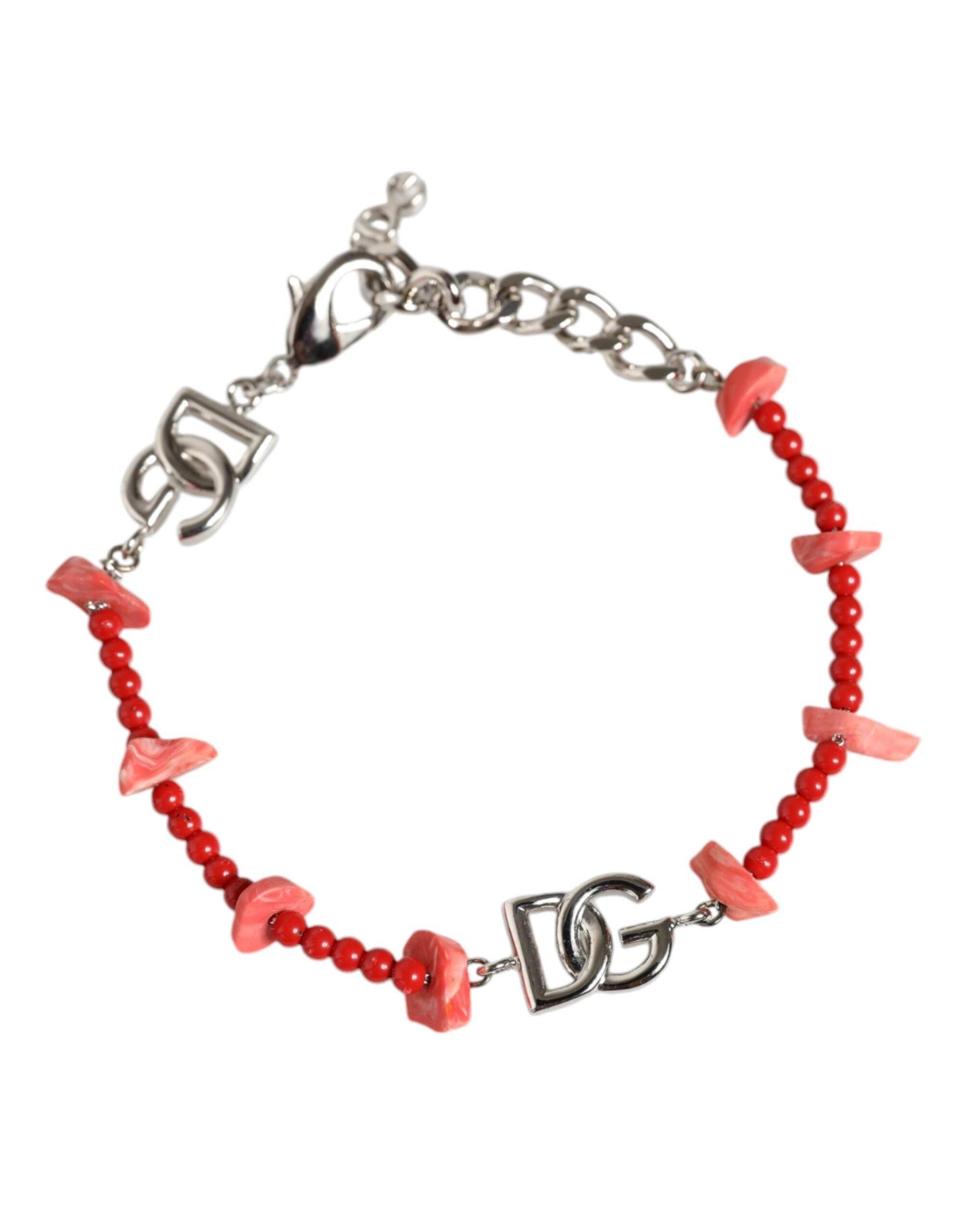 Dolce & Gabbana Silver Tone Brass Beaded Resin DG Logo Chain Bracelet - Hilstor