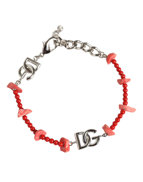 Dolce &amp; Gabbana Silver Tone Messing Beaded Resin DG Logo Chain Armbånd