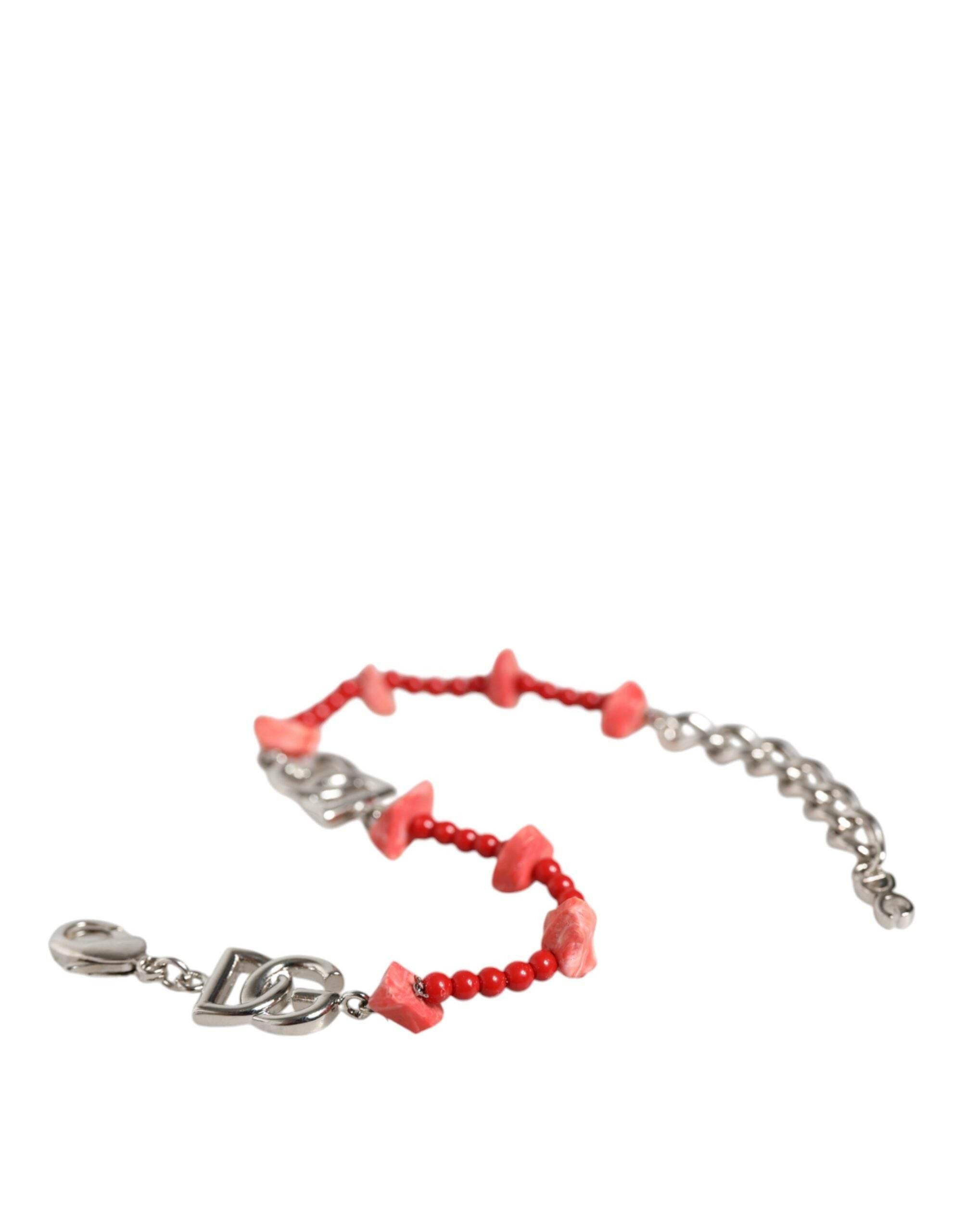 Dolce & Gabbana Silver Tone Brass Beaded Resin DG Logo Chain Bracelet - Hilstor