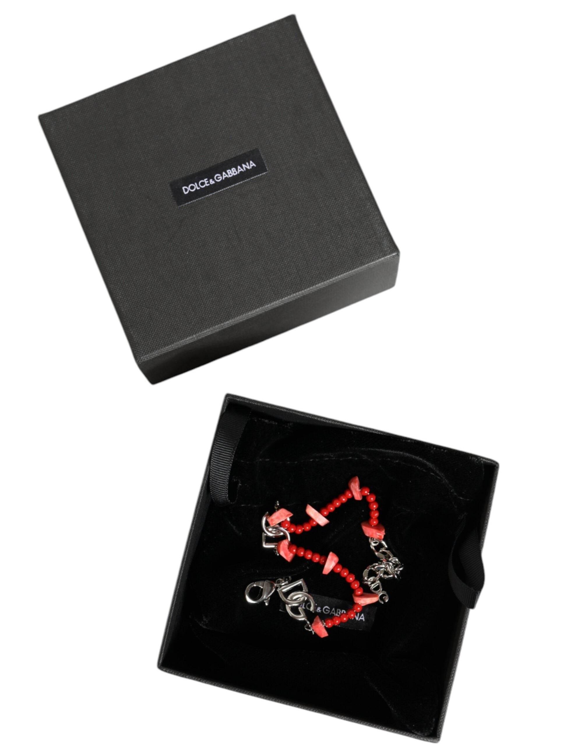 Dolce & Gabbana Silver Tone Brass Beaded Resin DG Logo Chain Bracelet - Hilstor